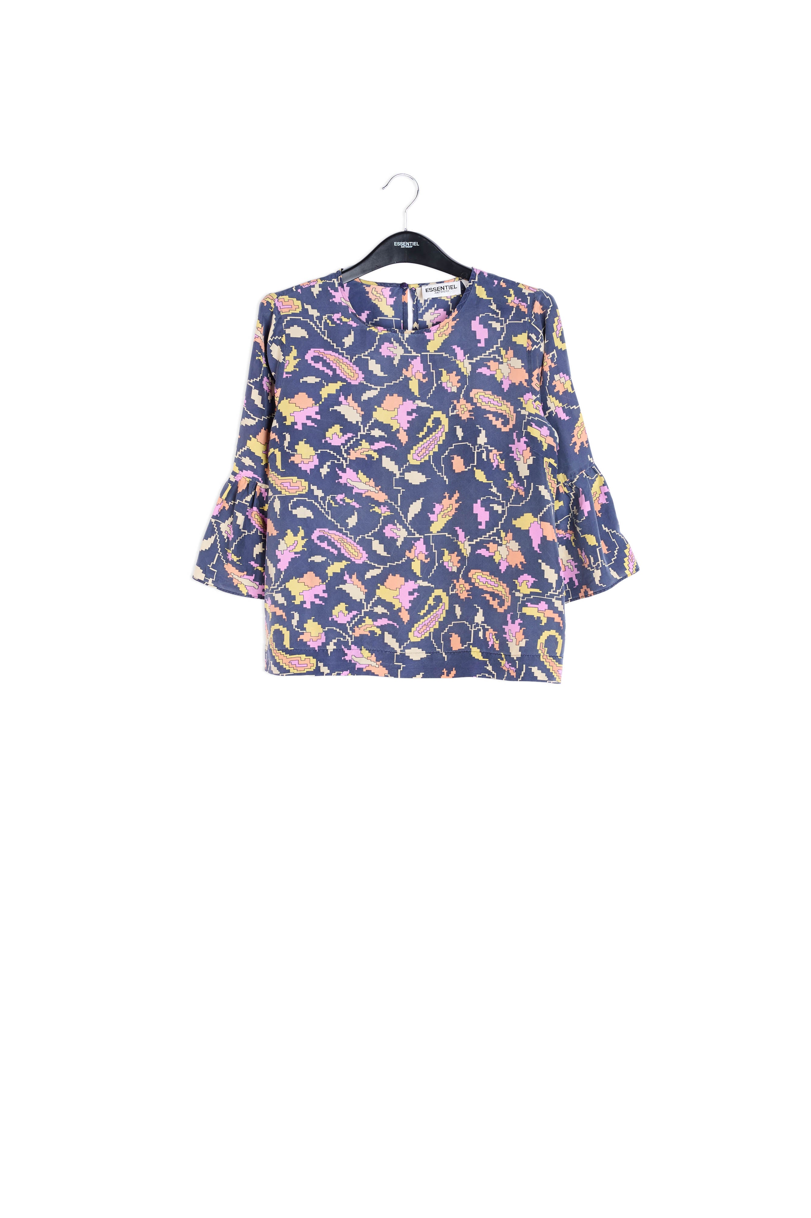 Blauwe zijden top met bloemenprint RE—SSENTIEL | Essentiel second hand