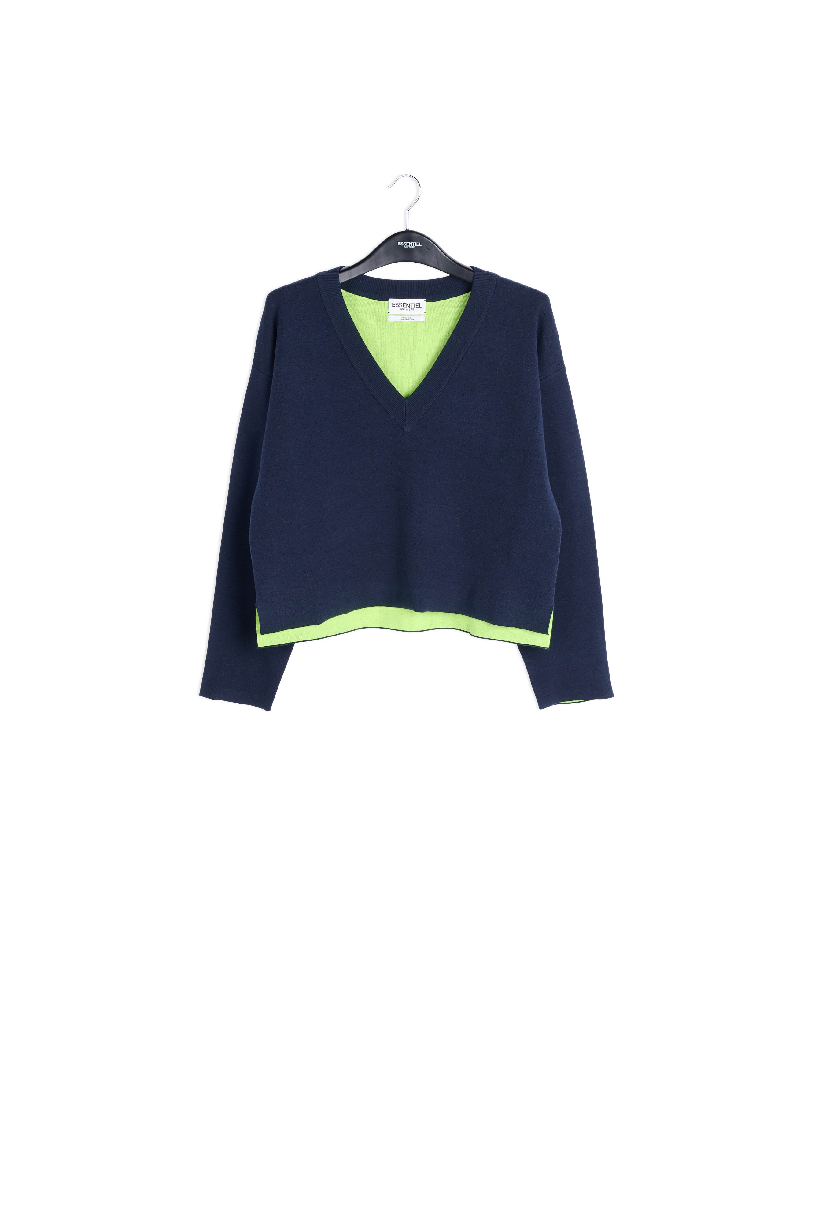 Dark blue v-neck sweater with yellow contrast RE—SSENTIEL | Essentiel second hand