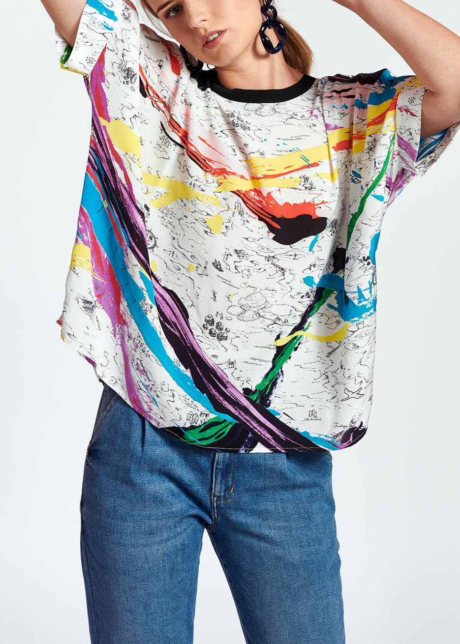 Gebroken witte boxy top met verfstrepen RE—SSENTIEL | Essentiel second hand