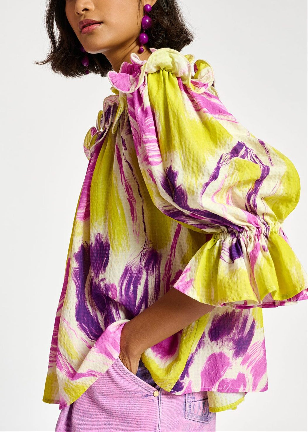 Yellow and purple floral print off-the-shoulder top RE—SSENTIEL | Essentiel second hand