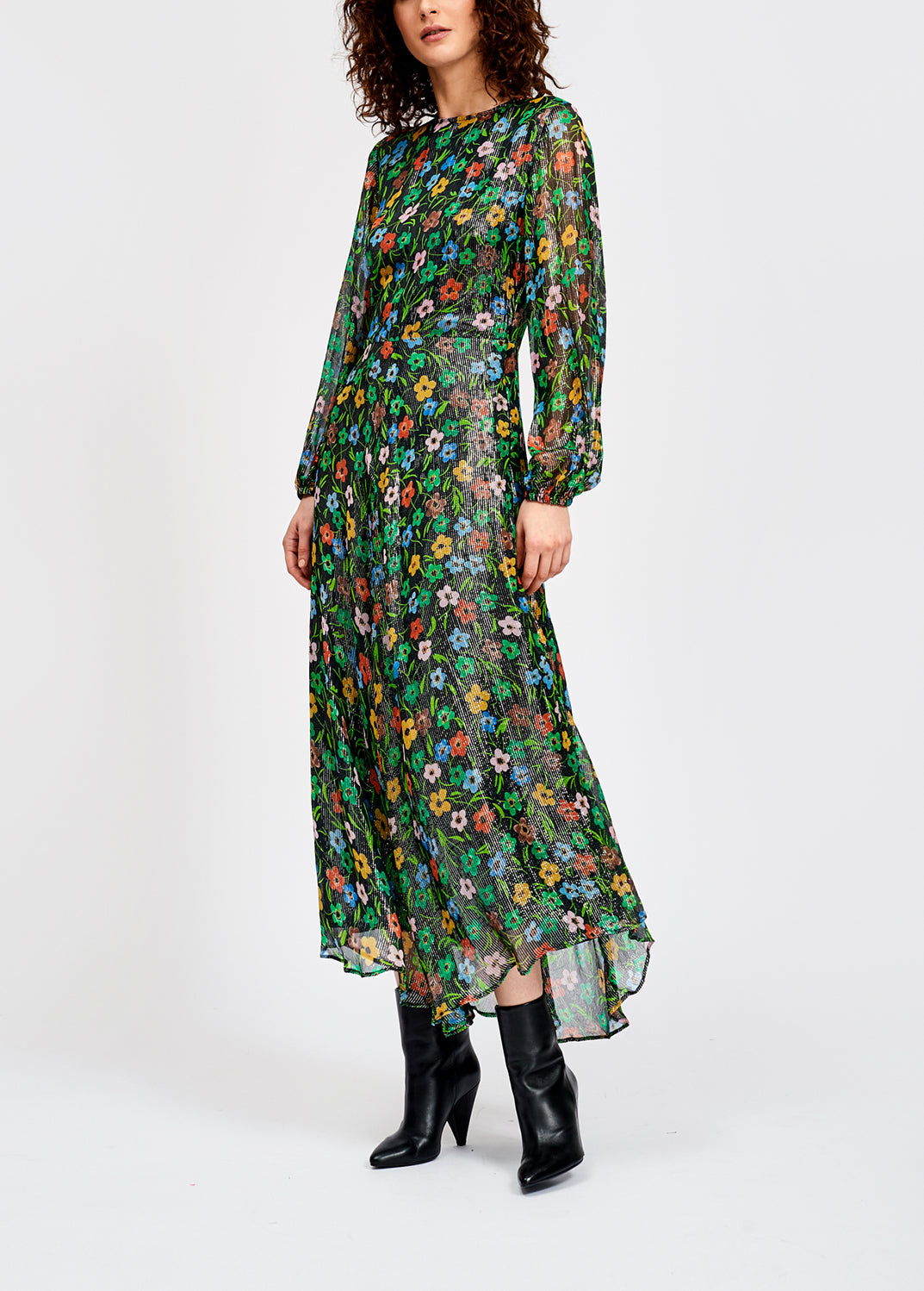 Black floral print midi dress with shiny thread RE—SSENTIEL | Essentiel second hand