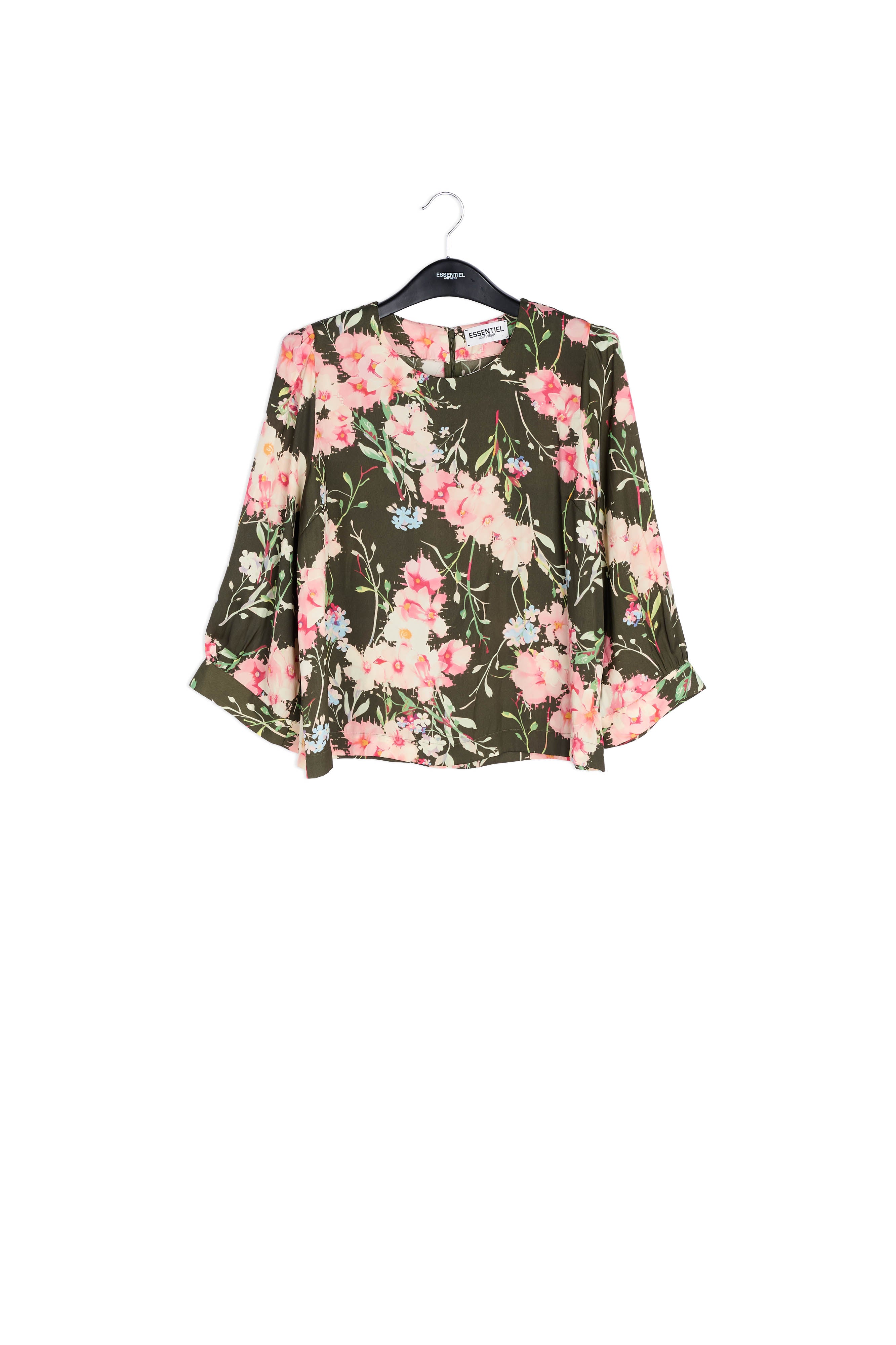 Khaki floral top with puff sleeves RE—SSENTIEL | Essentiel second hand