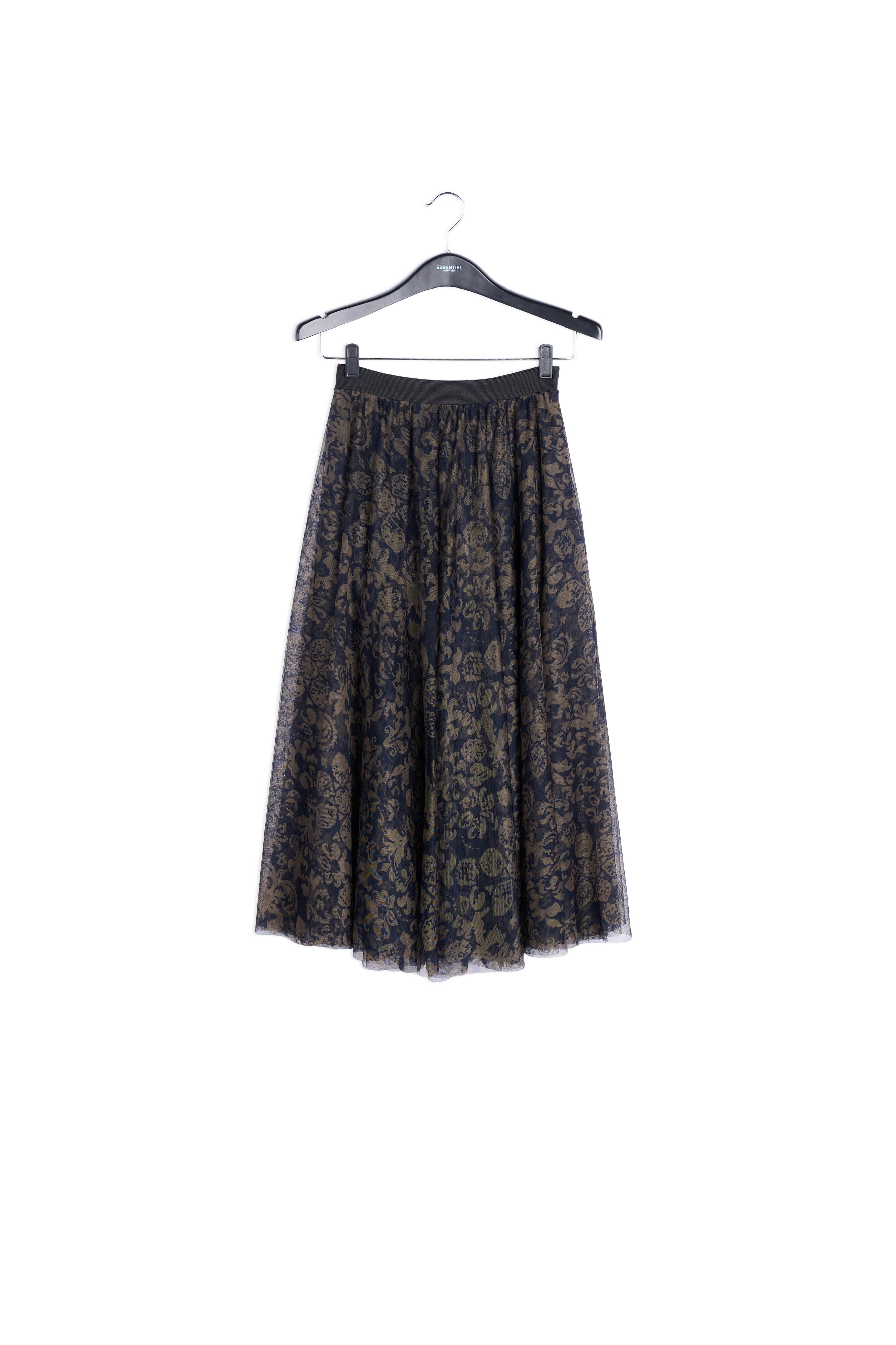 Jupe midi tulle noire et vert kaki à imprimé brocart RE—SSENTIEL | Essentiel second hand