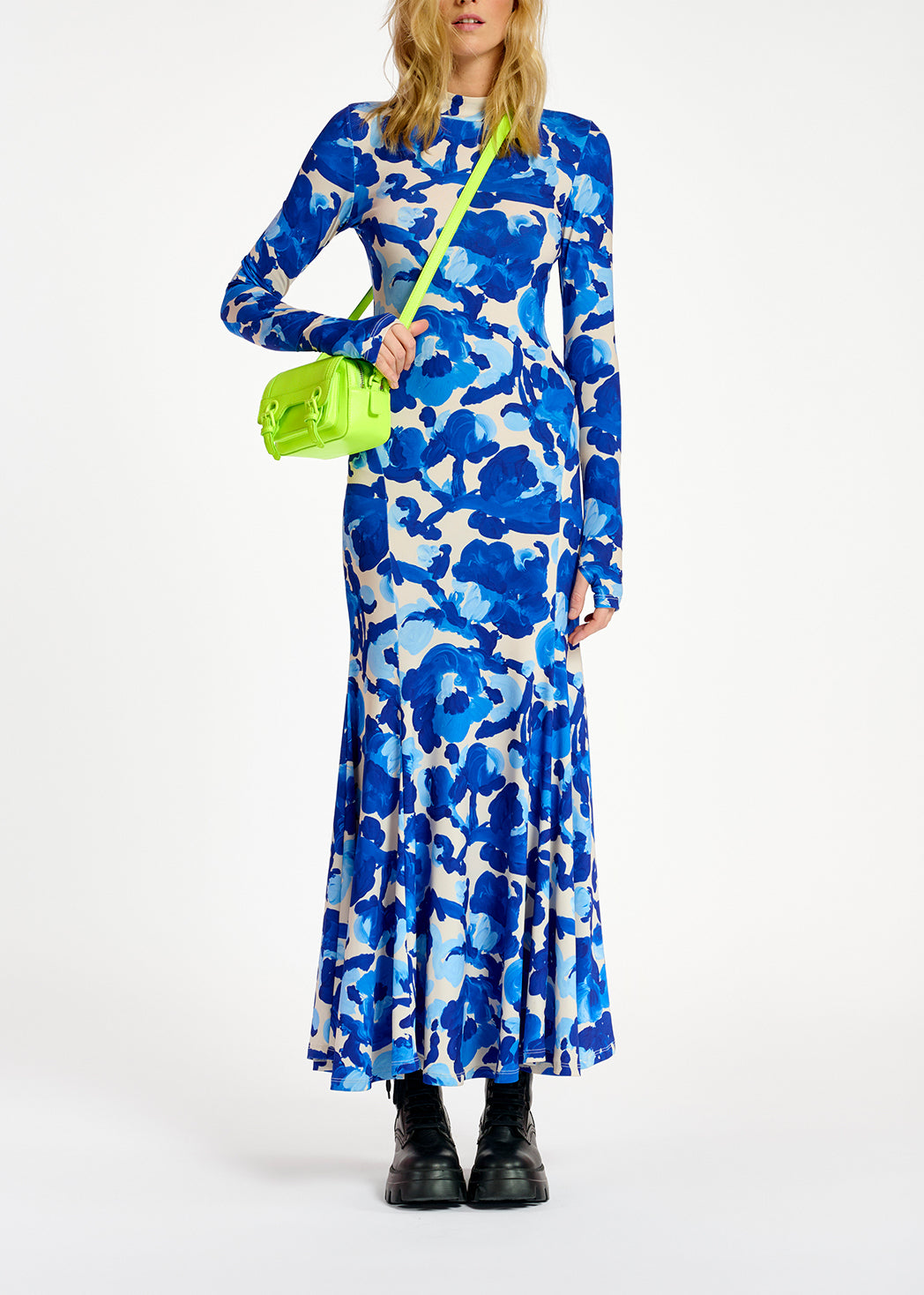 White and blue floral print stretch-jersey maxi dress RE—SSENTIEL | Essentiel second hand