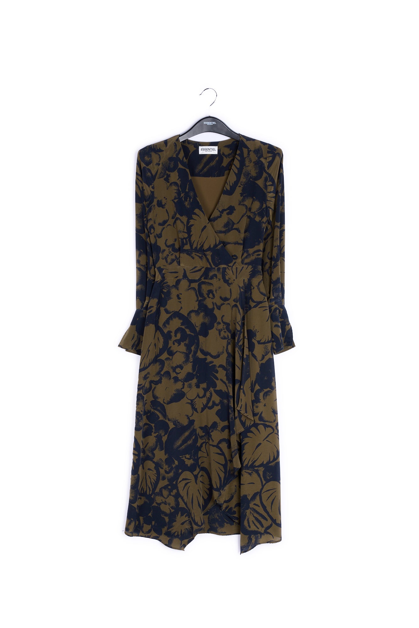 Robe midi bleu marine en soie à imprimé botanique RE—SSENTIEL | Essentiel second hand