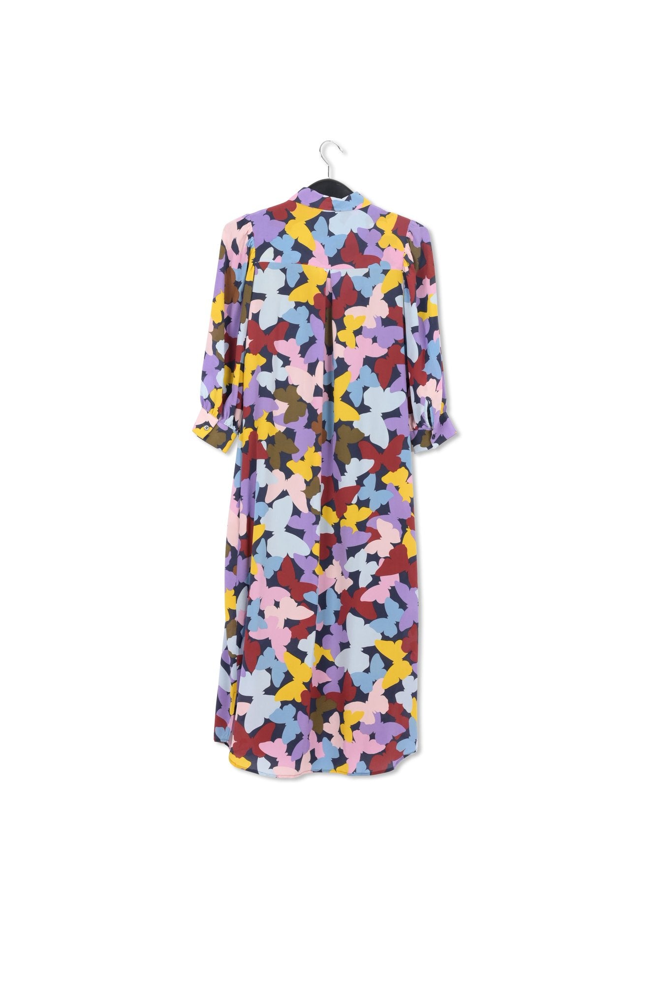 Robe midi en soie à papillons bordeaux, lilas et bleu RE—SSENTIEL | Essentiel second hand