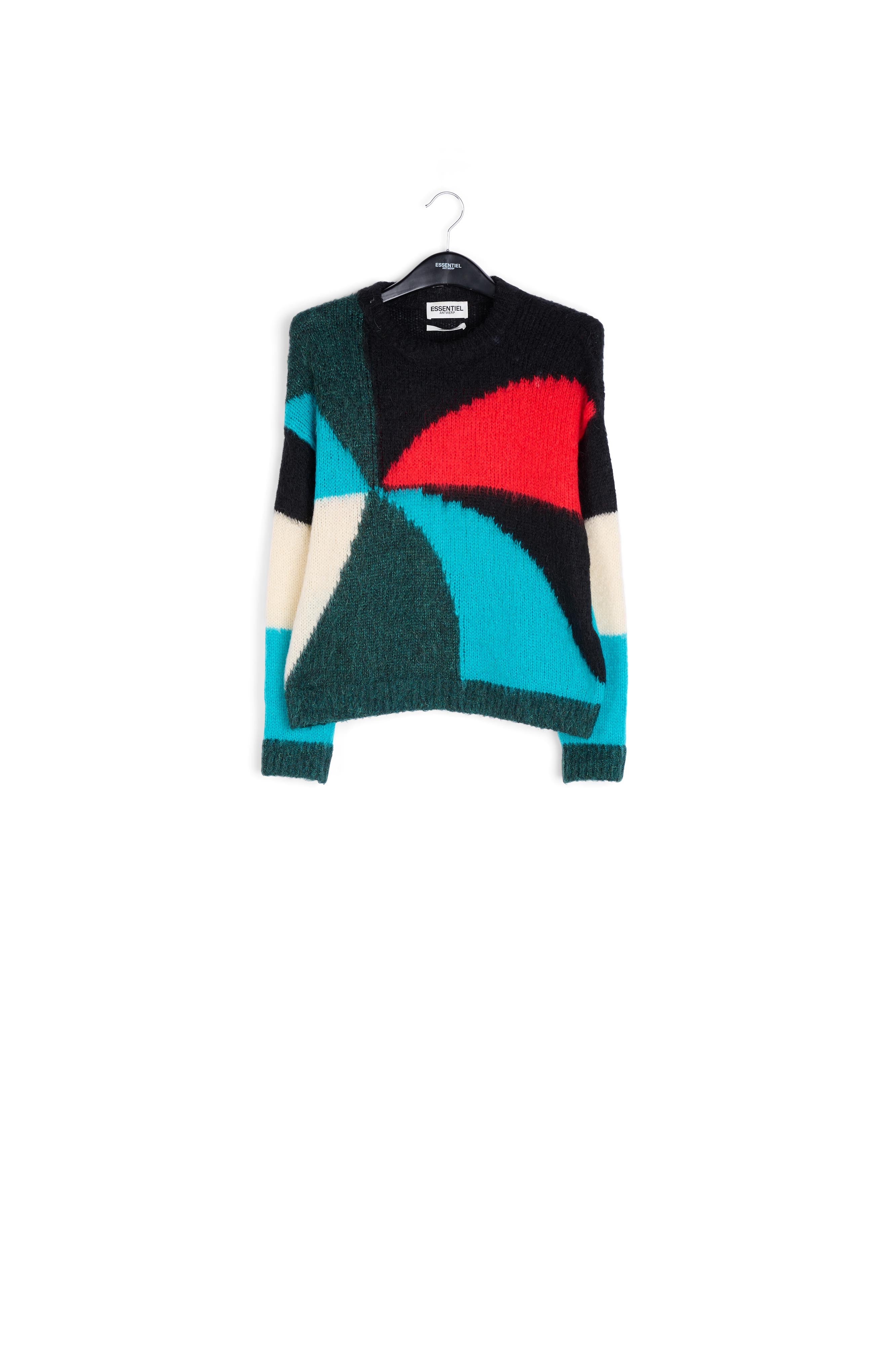 Dark green, blue and red intarsia-knitted sweater RE—SSENTIEL | Essentiel second hand