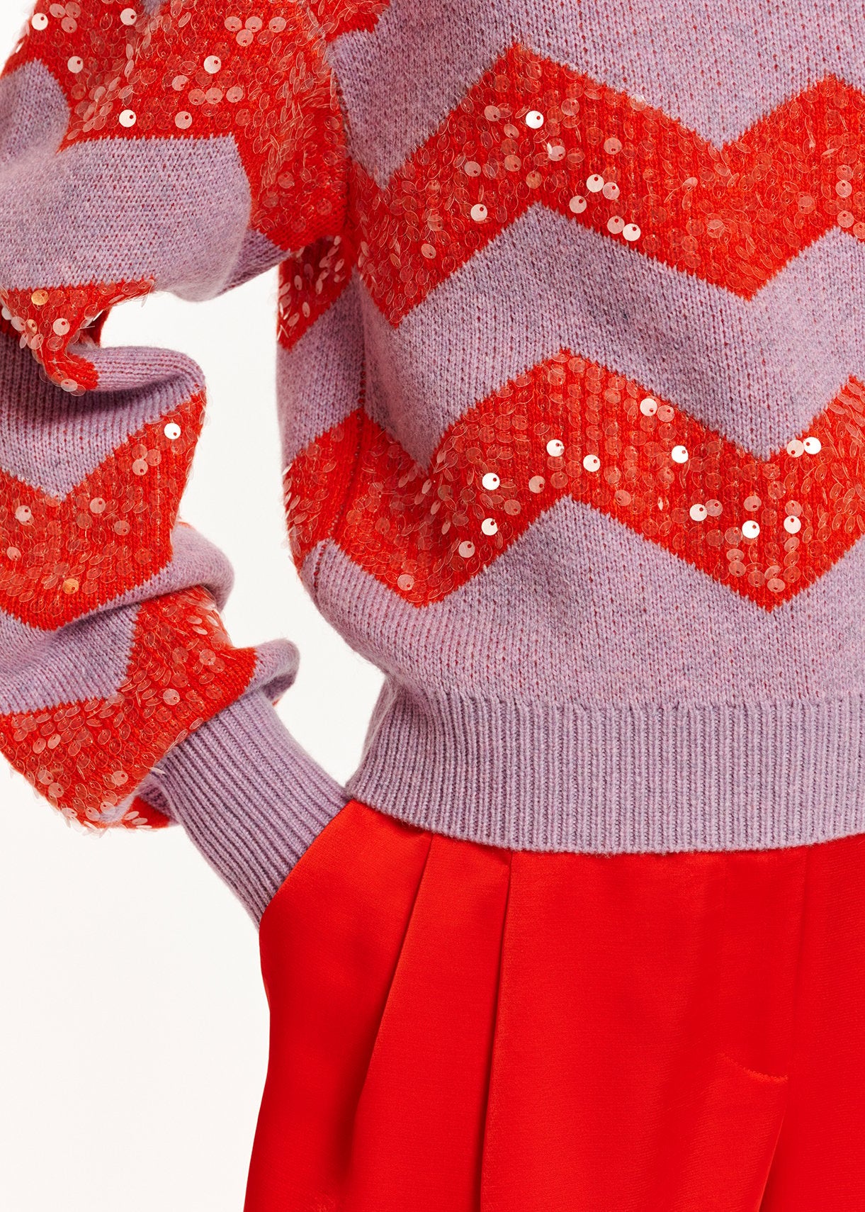 Dark lilac and red chevron jacquard-knit sweater with sequin embroideries RE—SSENTIEL | Essentiel second hand