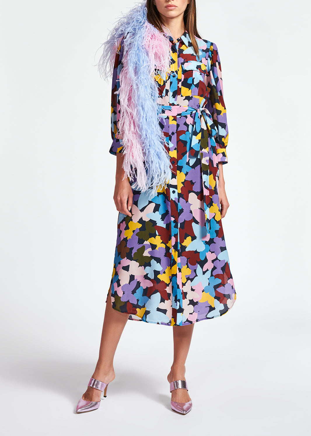 Robe midi en soie à  papillons bordeaux, lilas et bleu RE—SSENTIEL | Essentiel second hand