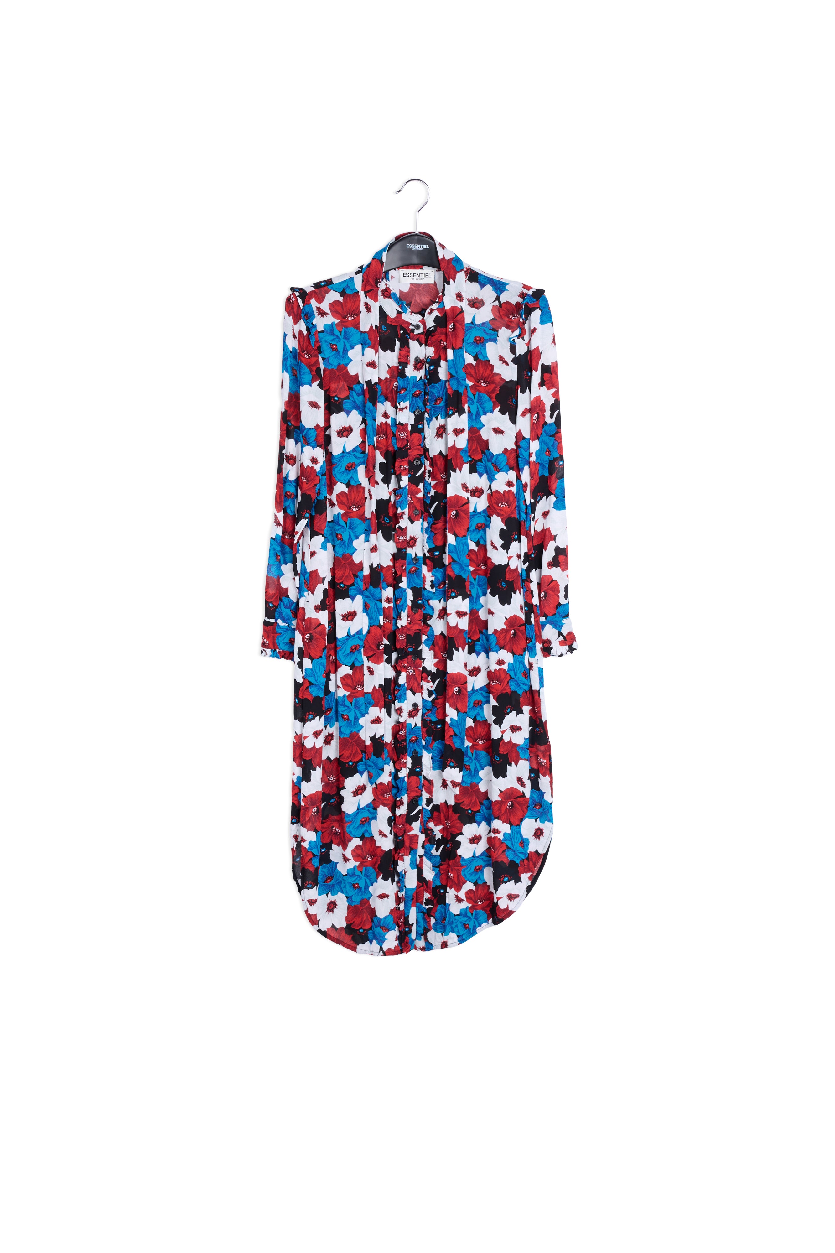 Hemdjurk met ruches en rode, blauwe en witte bloemenprint RE—SSENTIEL | Essentiel second hand