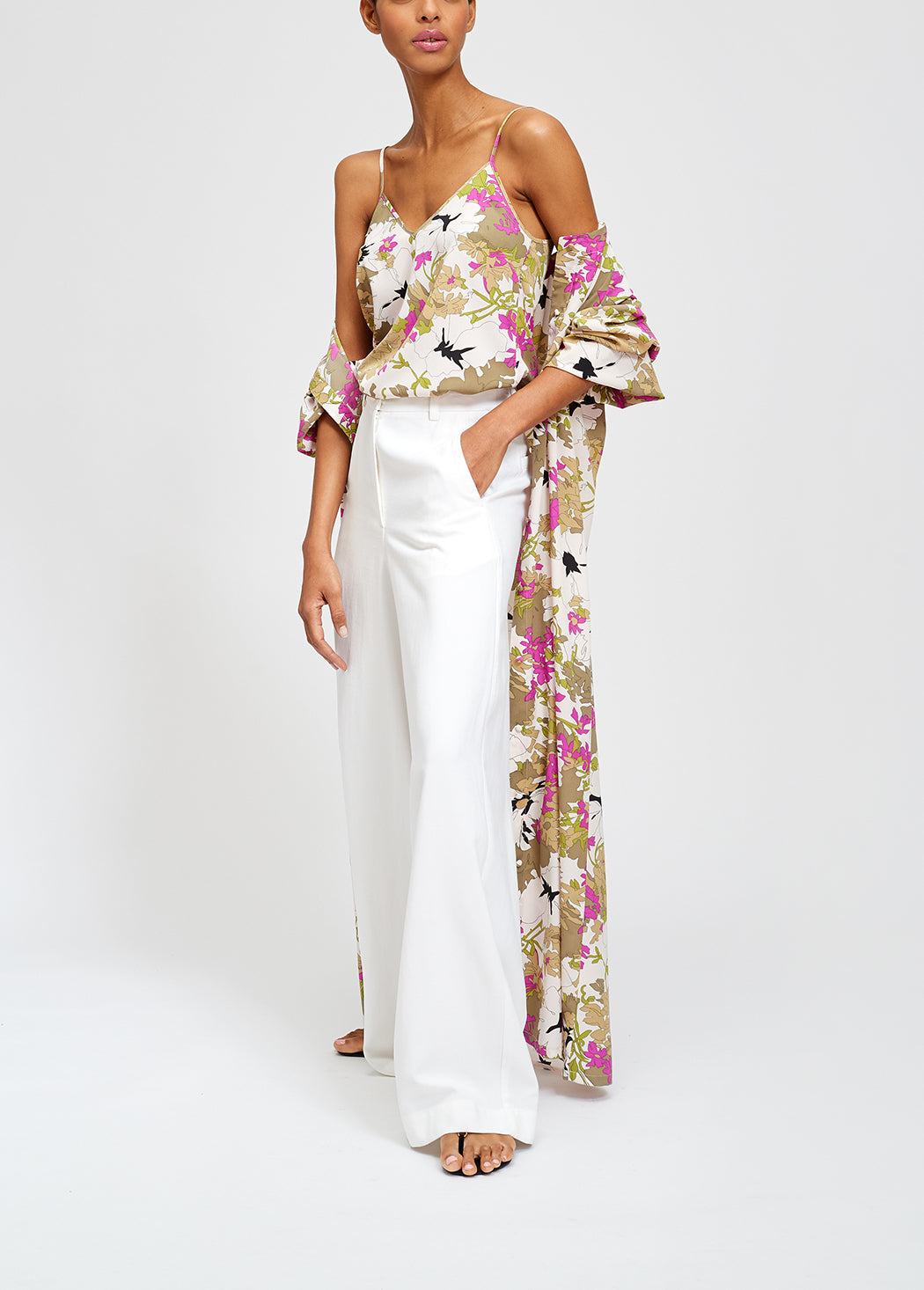 Khaki green, white and pink floral camisole RE—SSENTIEL | Essentiel second hand