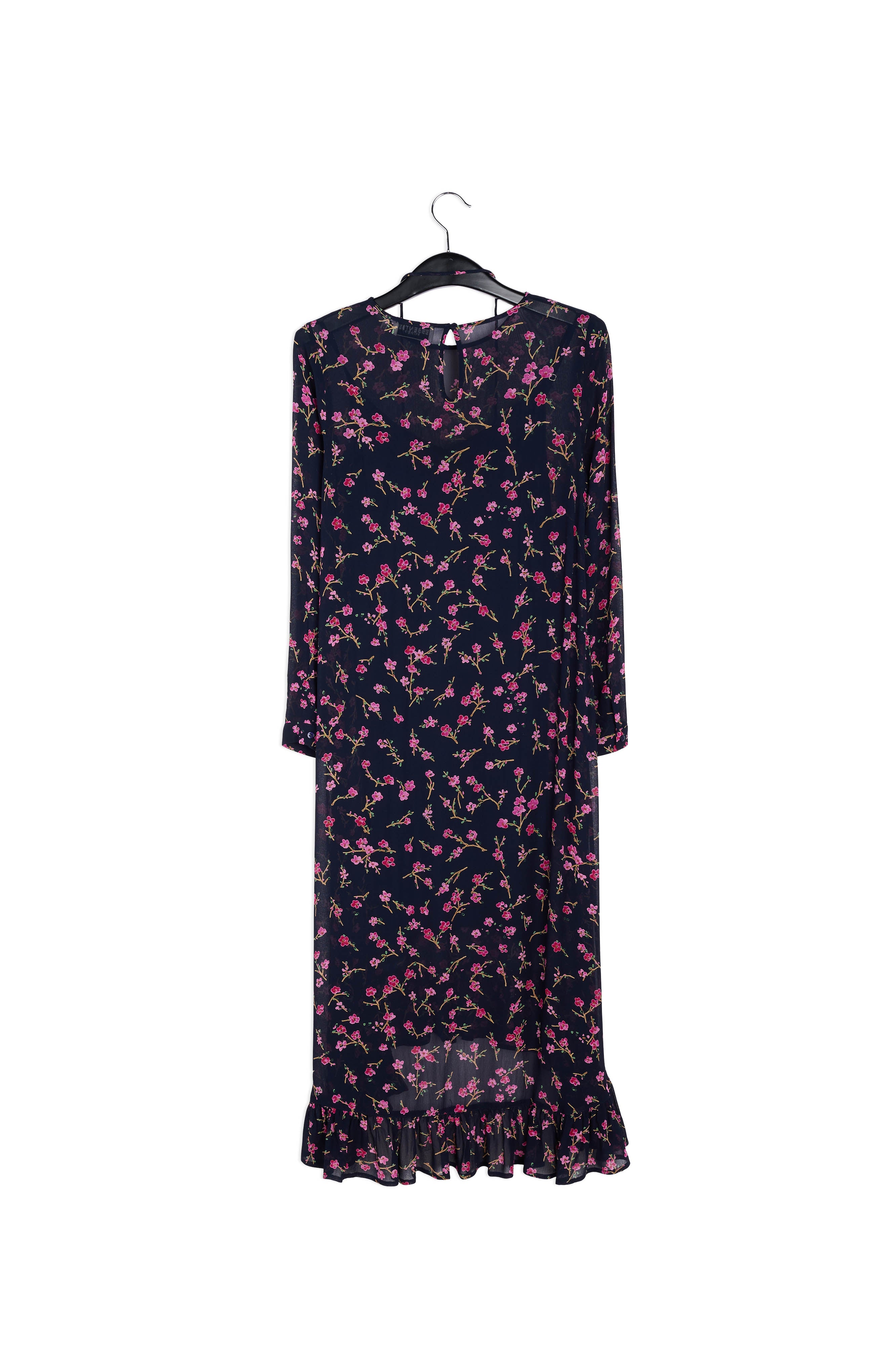 Robe a mi-longue à fleurs sur fond bleu foncé RE—SSENTIEL | Essentiel second hand