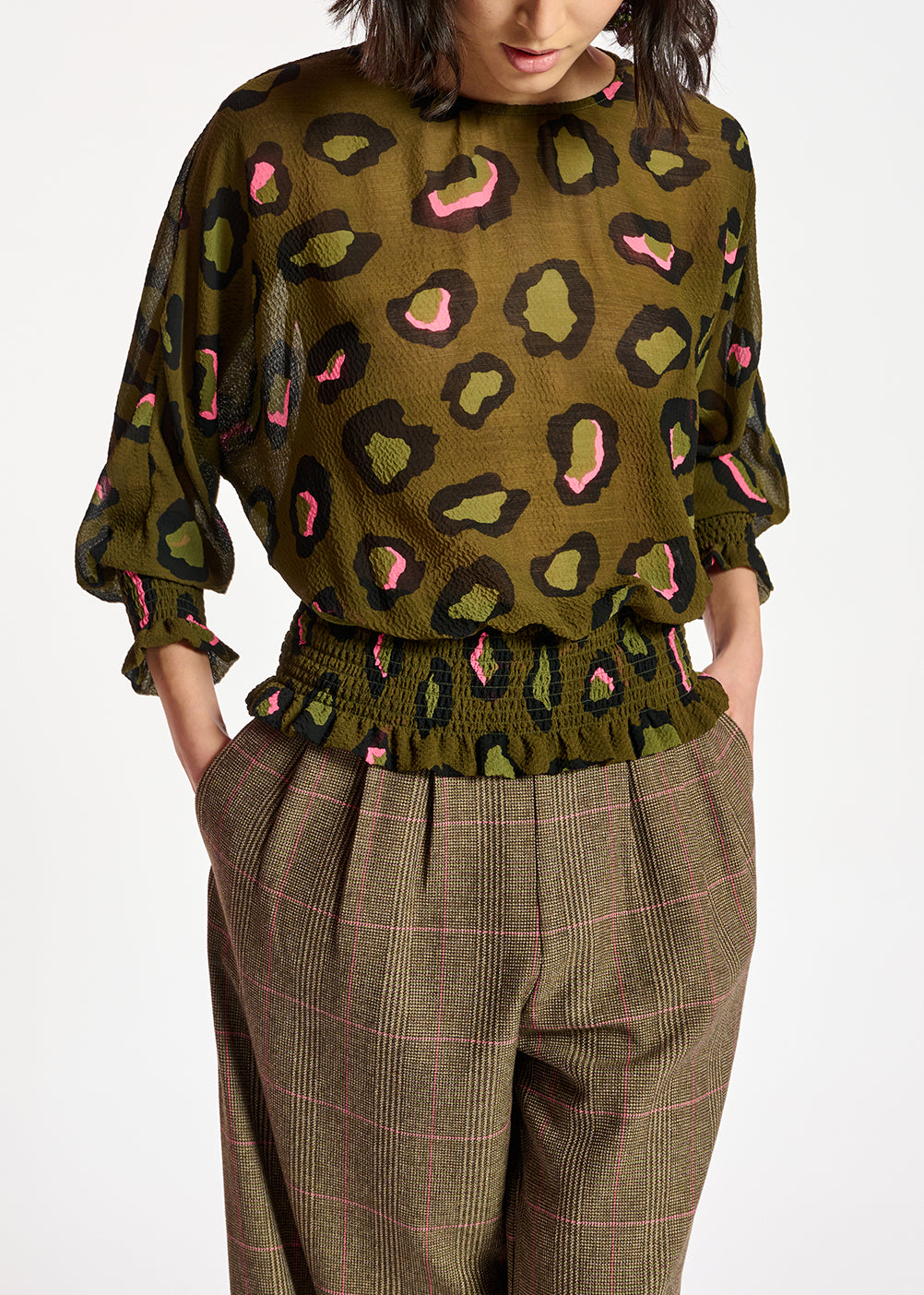 Khaki smocked top with leopard print RE—SSENTIEL | Essentiel second hand