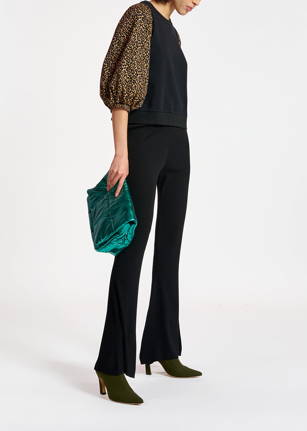 Black cotton-jersey sweatshirt with leopard-jacquard sleeves RE—SSENTIEL | Essentiel second hand