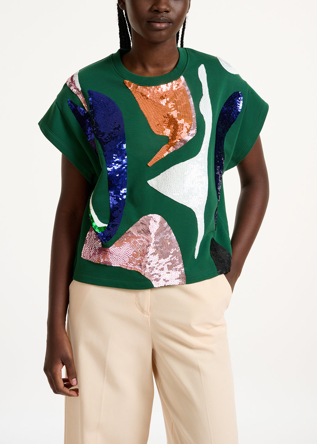 Sweatshirt vert foncé à manches courtes et paillettes RE—SSENTIEL | Essentiel second hand