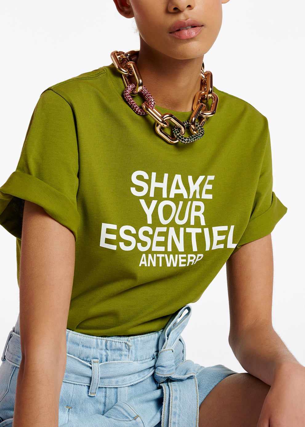 Khaki green 'Shake your Essentiel Antwerp' T-shirt RE—SSENTIEL | Essentiel second hand