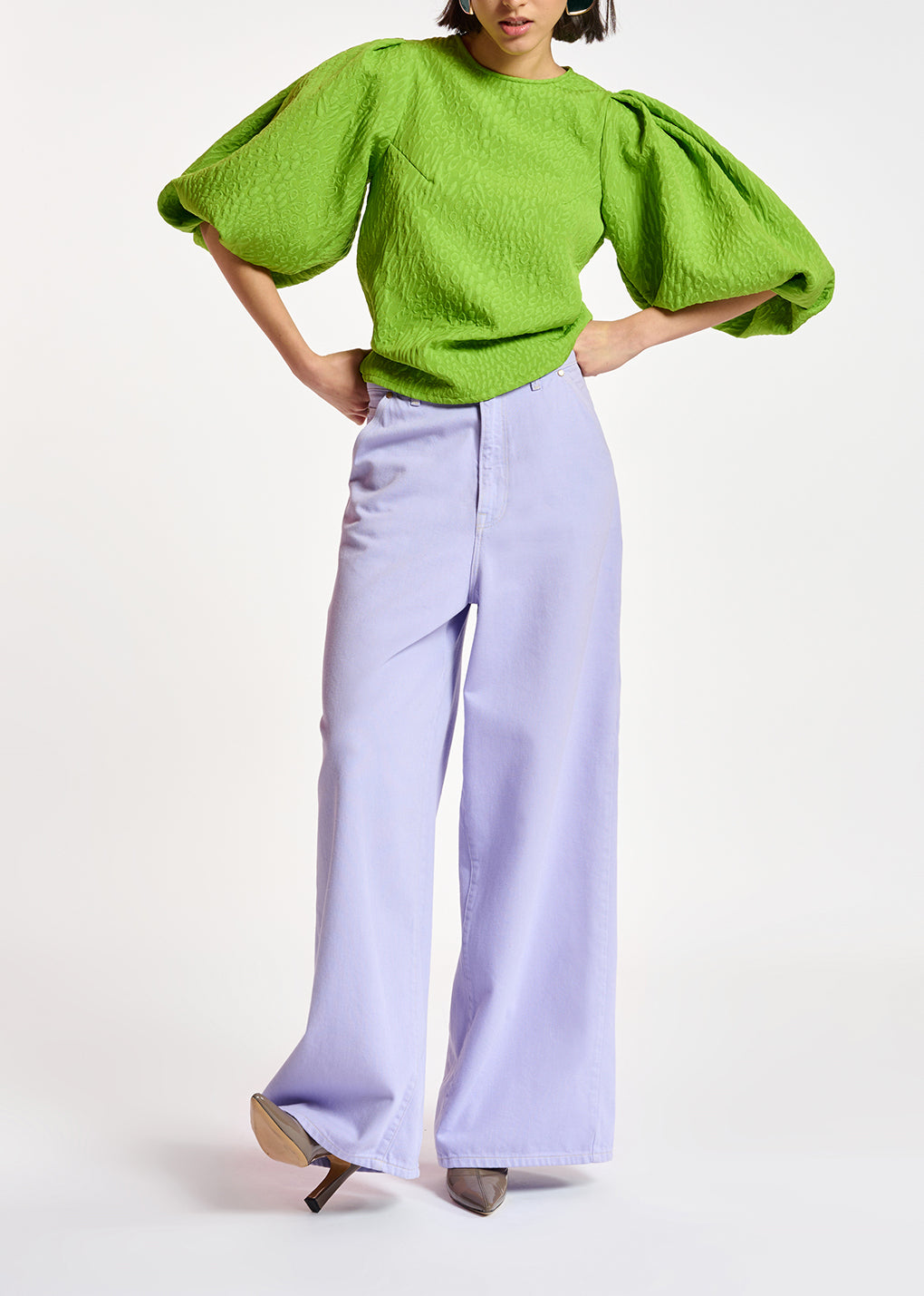 Groene jacquard top met pofmouwen RE—SSENTIEL | Essentiel second hand