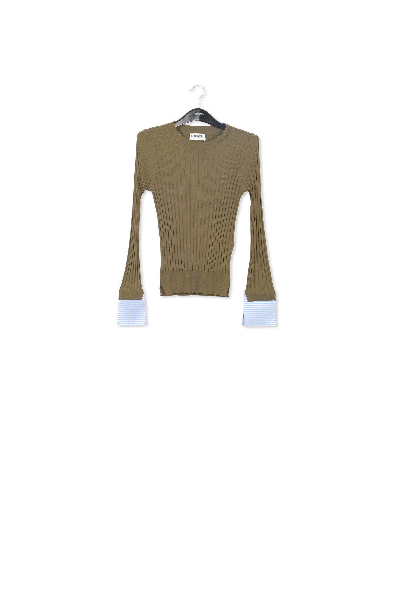 Khaki rib-knitted sweater with striped cuffs RE—SSENTIEL | Essentiel second hand
