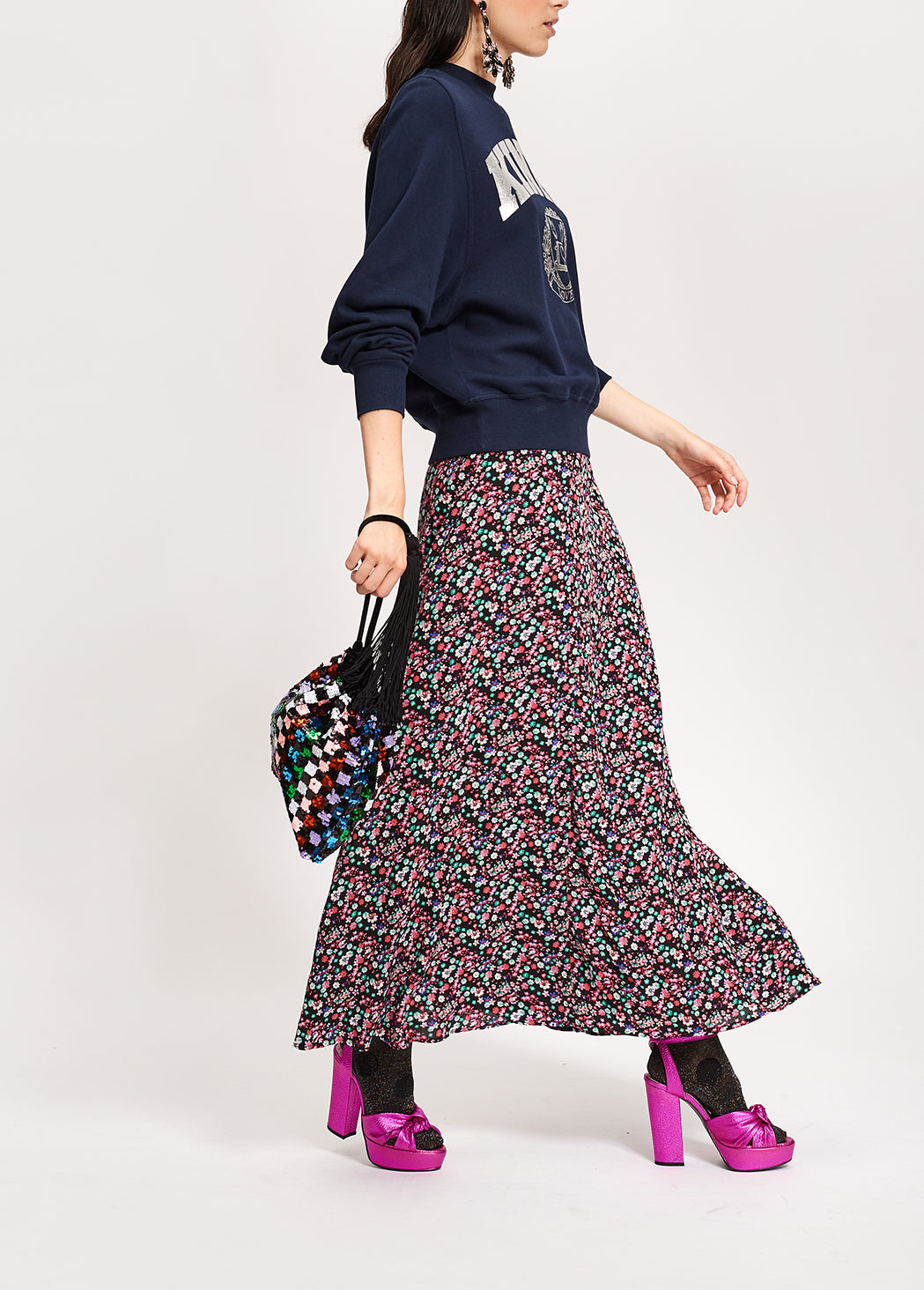 Black floral-print wrap maxi skirt RE—SSENTIEL | Essentiel second hand