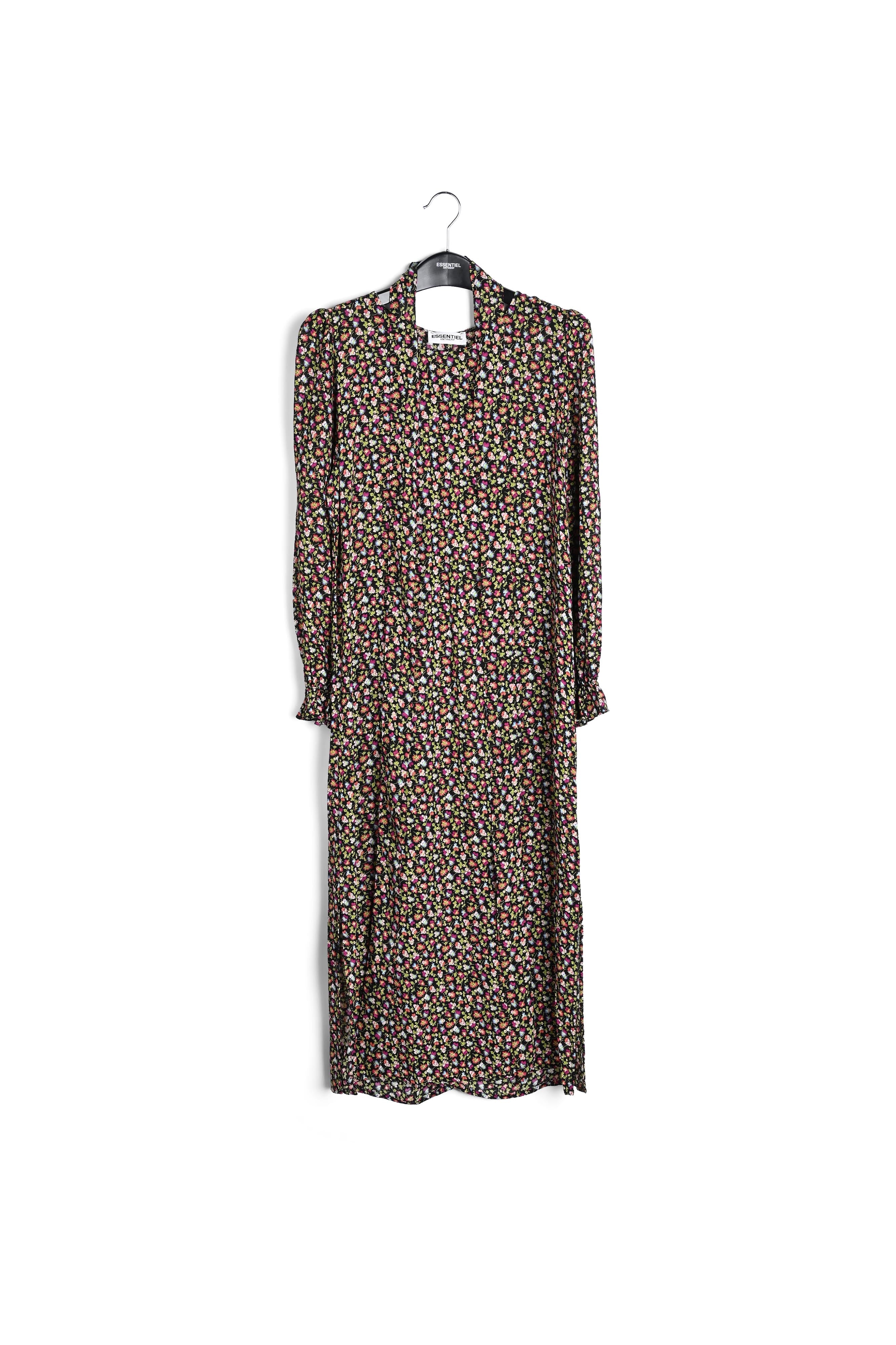 Midi-jurk met riem en zwarte, lichtgroene en fuchsia bloemenprint RE—SSENTIEL | Essentiel second hand