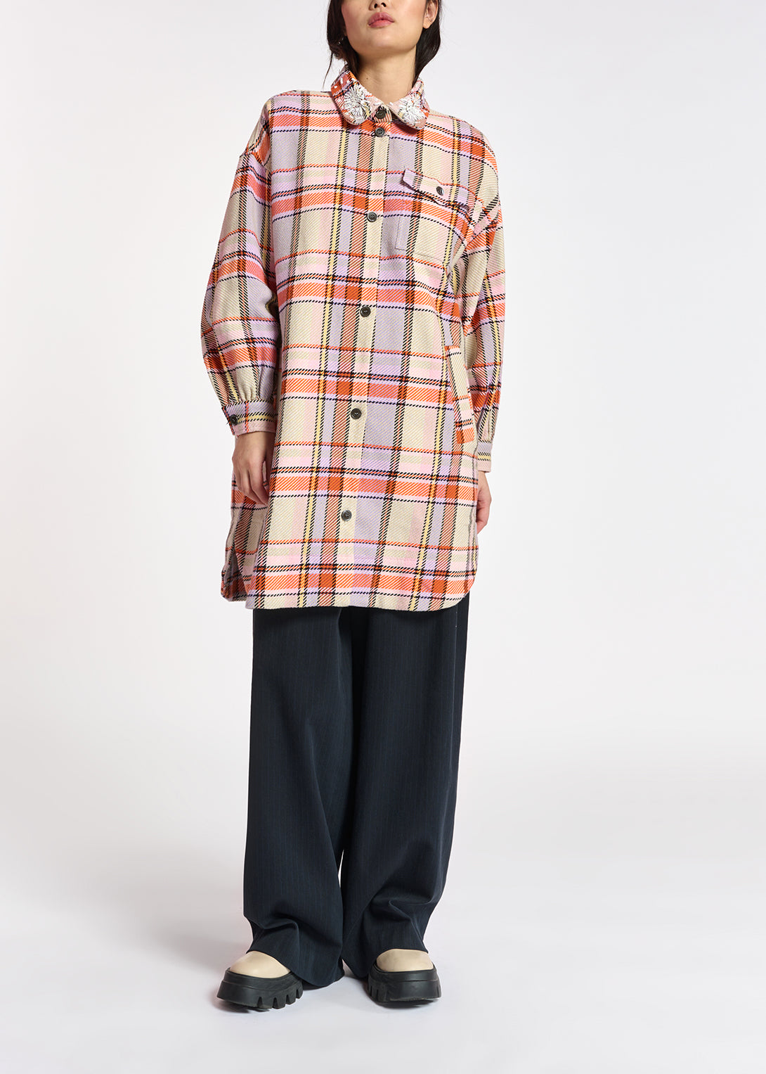 Lilac, orange and light pink checked shirt jacket RE—SSENTIEL | Essentiel second hand