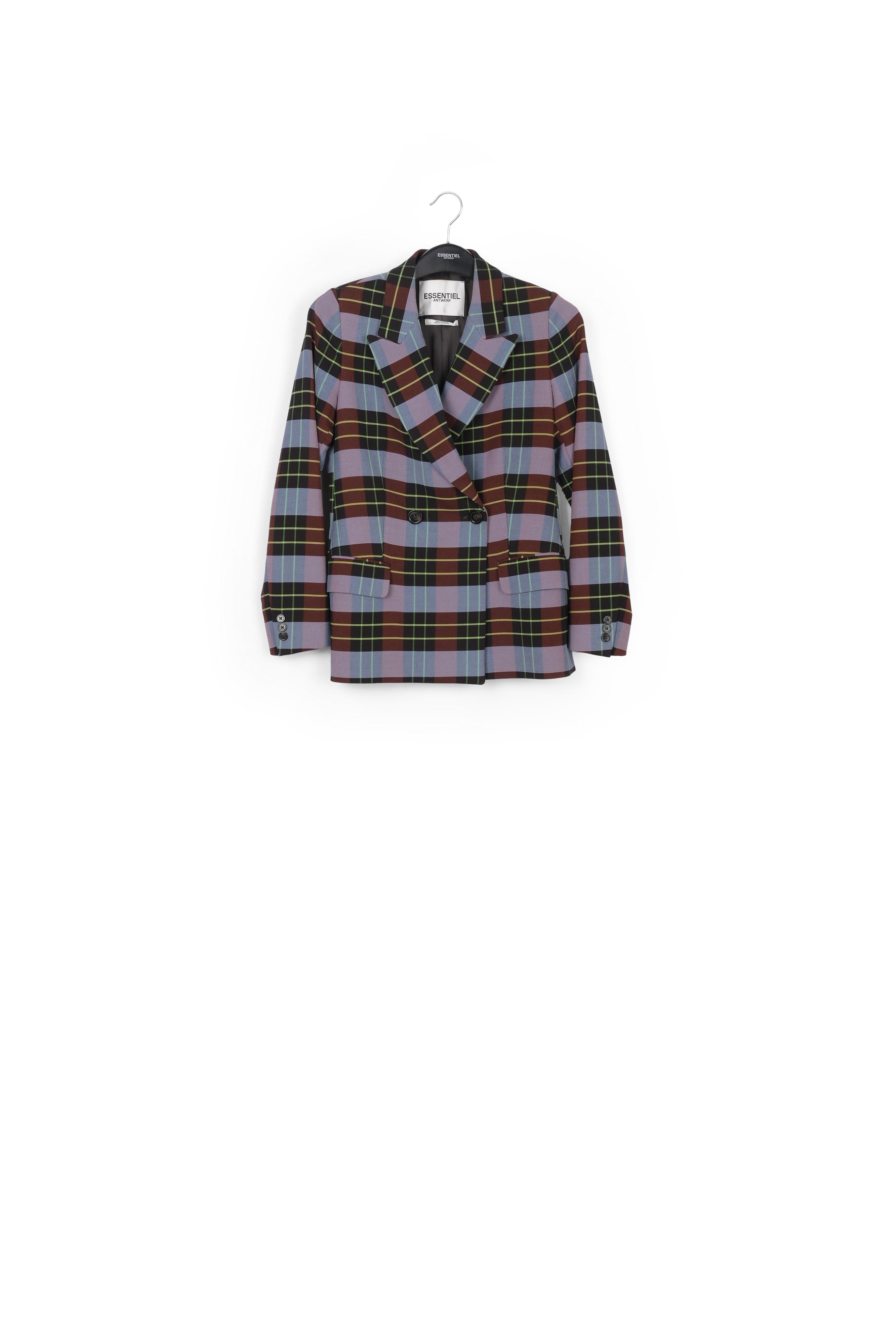 Veste croisée au motif tartan bleu pâle, bordeaux et noir RE—SSENTIEL | Essentiel second hand