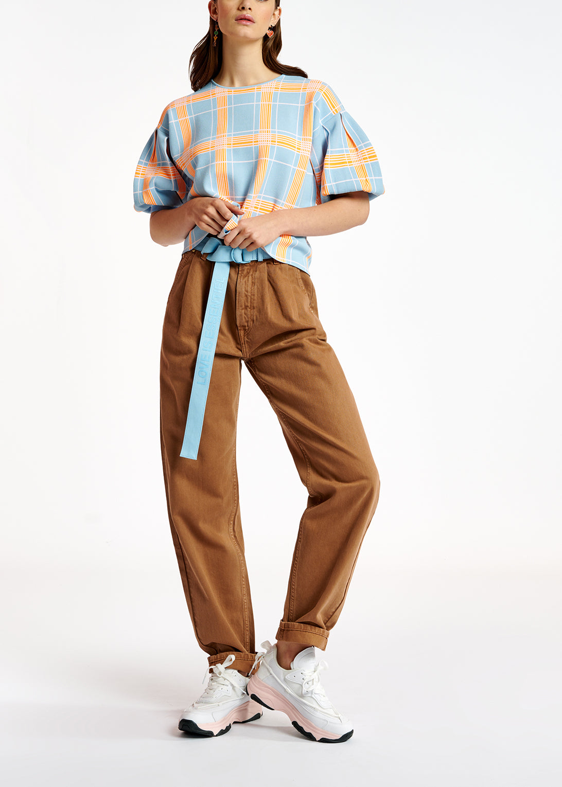 Light blue puffed sleeve knitted top with check motif RE—SSENTIEL | Essentiel second hand