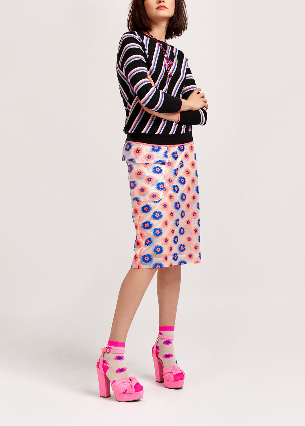 Neon pink and blue floral-print see-through pencil skirt RE—SSENTIEL | Essentiel second hand