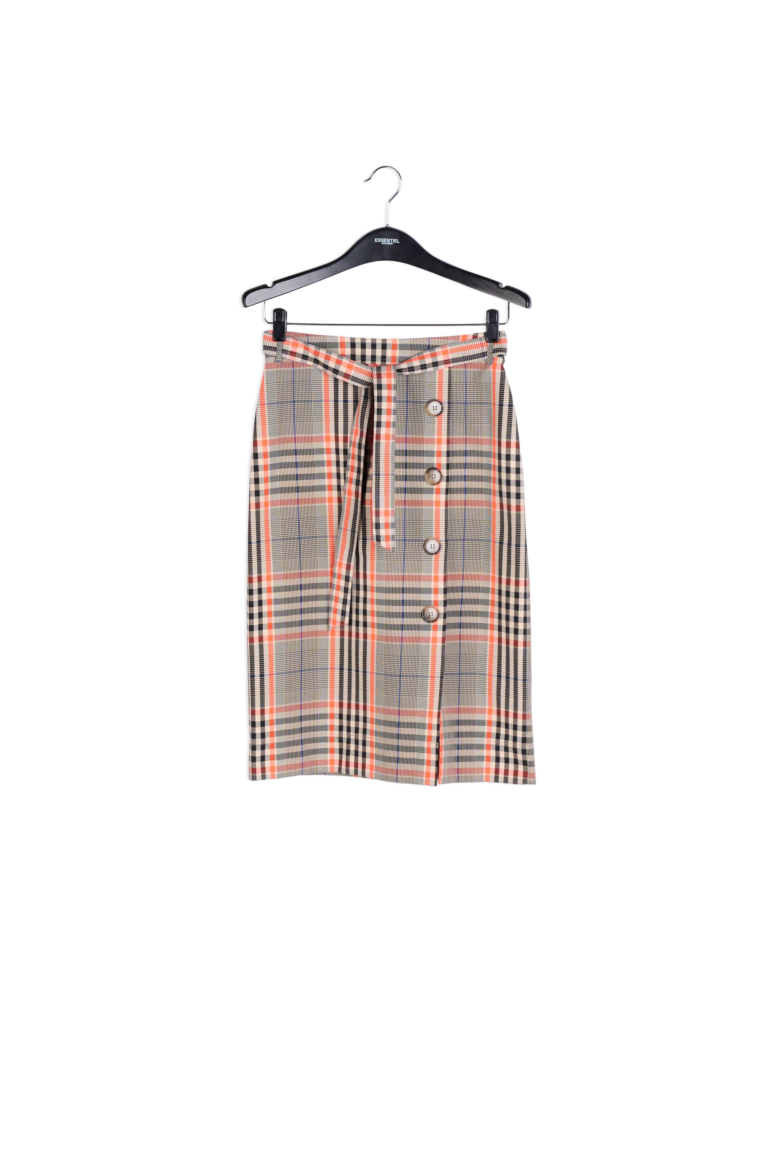 Rechte rok met zwart en oranje tartanmotief RE—SSENTIEL | Essentiel second hand