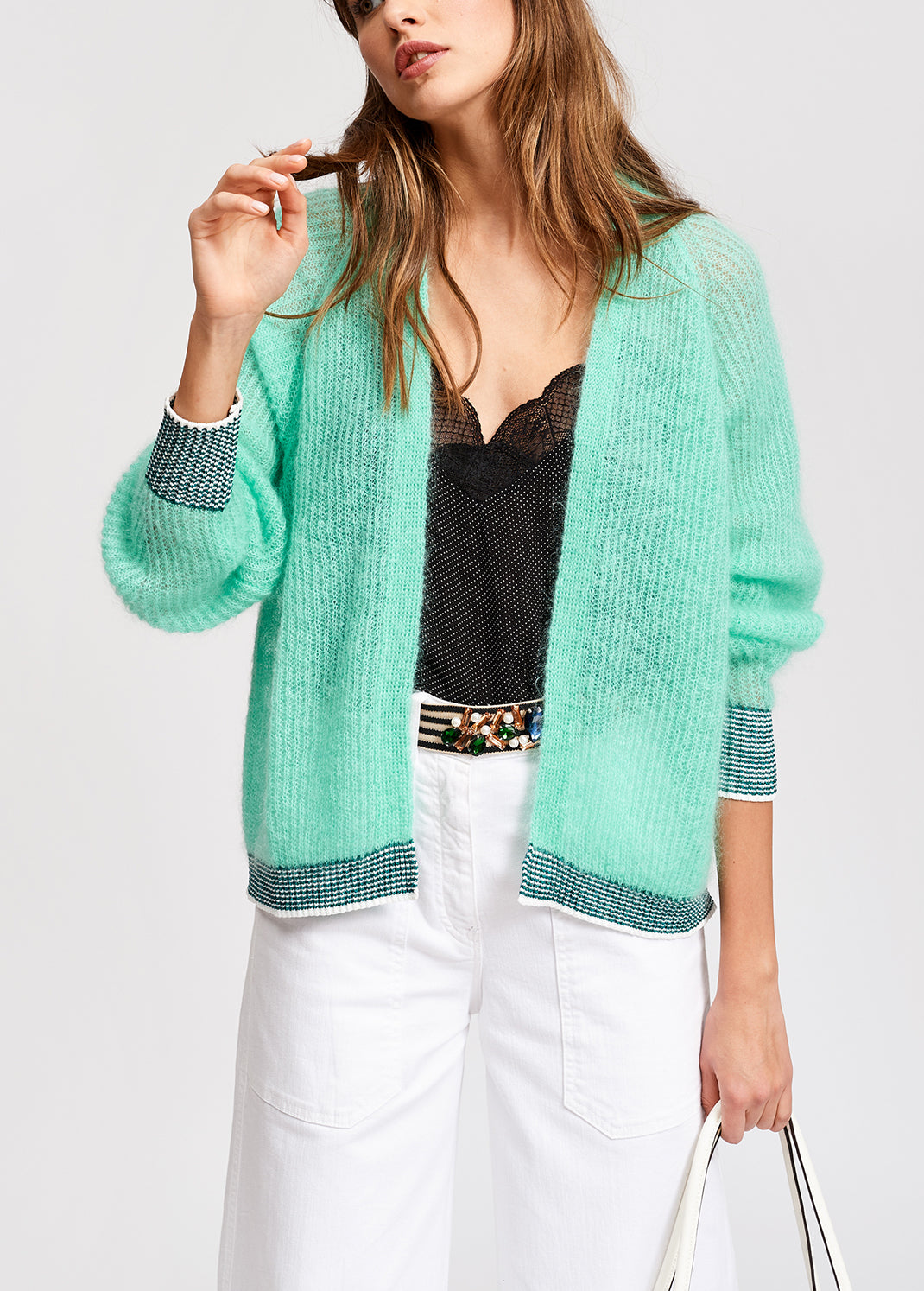 Turquoise ribbed open cardigan with accentuated trims RE—SSENTIEL | Essentiel second hand