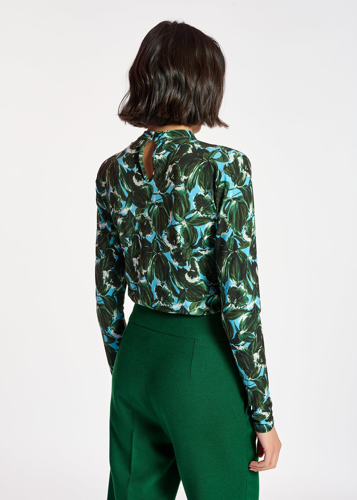 Blue and dark green leaf-print mock neck top RE—SSENTIEL | Essentiel second hand