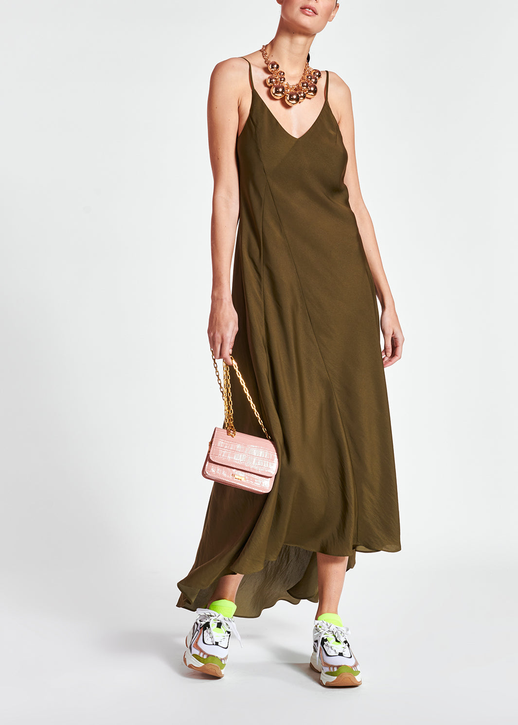 Khaki green maxi-length slip dress RE—SSENTIEL | Essentiel second hand