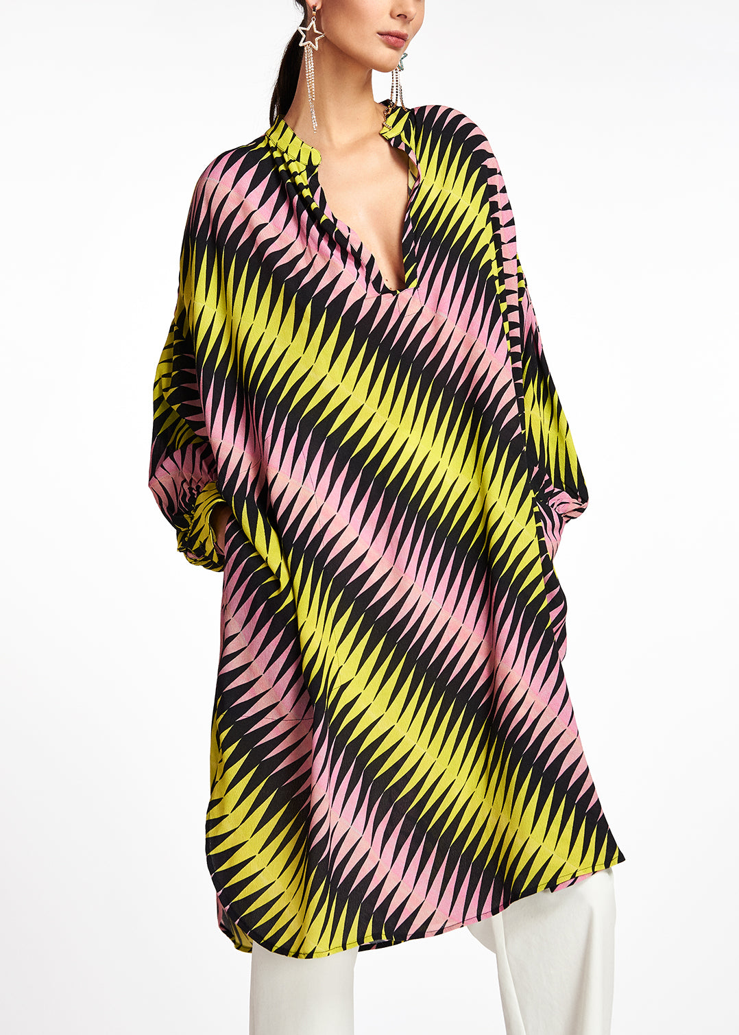 Pink, black and yellow graphic print knee-length dress RE—SSENTIEL | Essentiel second hand