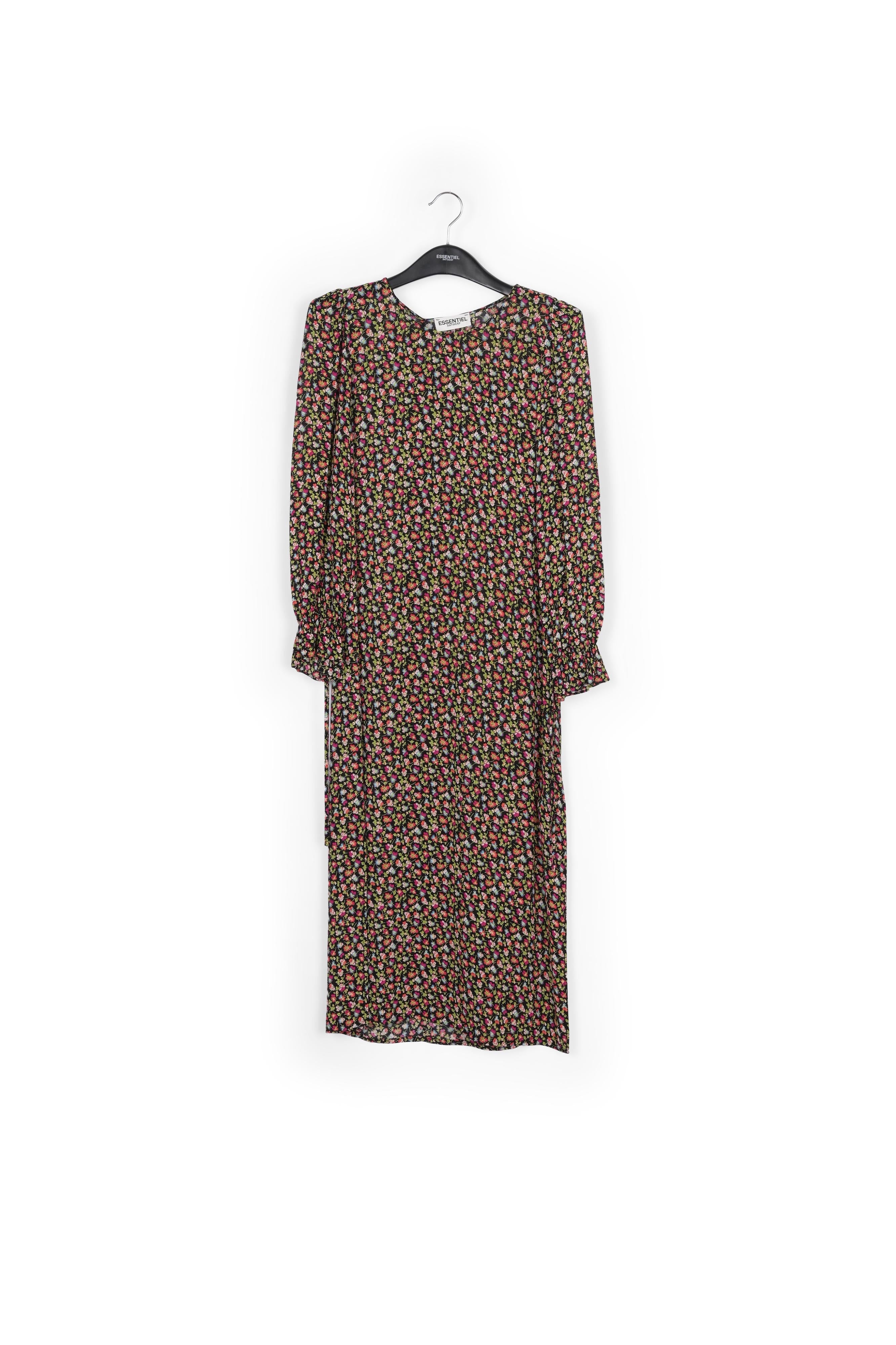 Midi-jurk met riem en zwarte, lichtgroene en fuchsia bloemenprint RE—SSENTIEL | Essentiel second hand