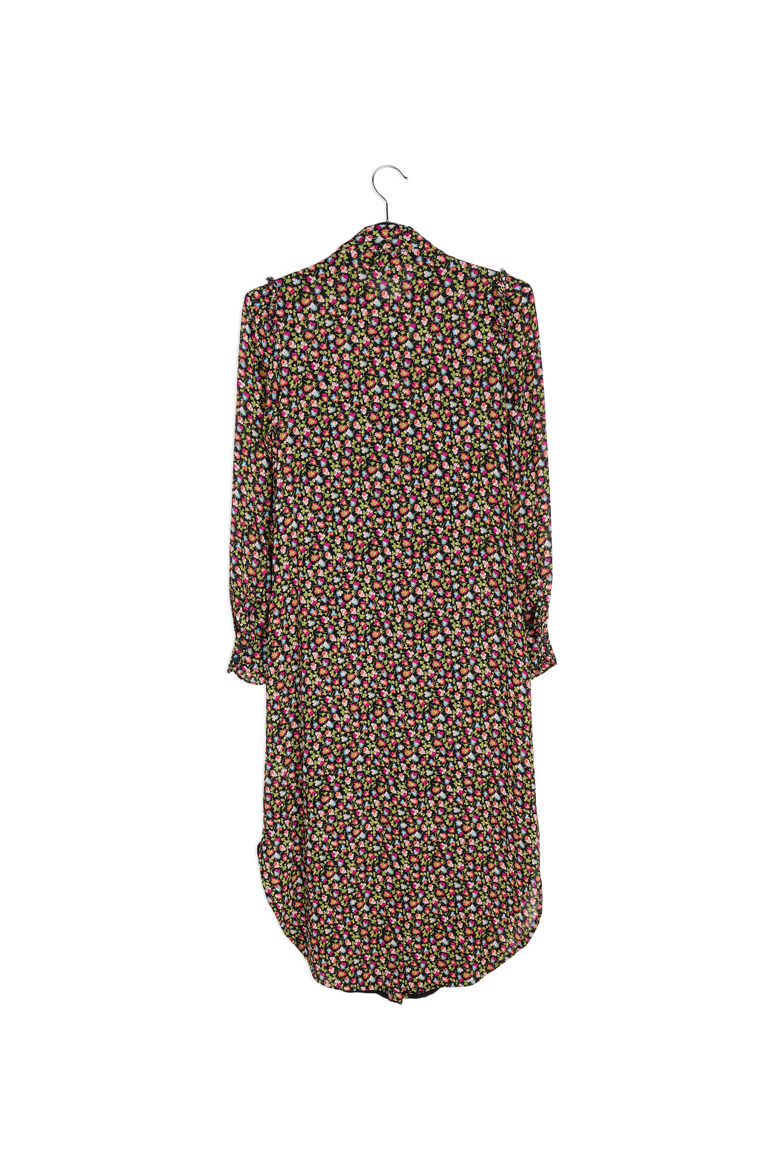 Hemdjurk met ruches en zwarte, lichtgroene en fuchsia bloemenprint RE—SSENTIEL | Essentiel second hand