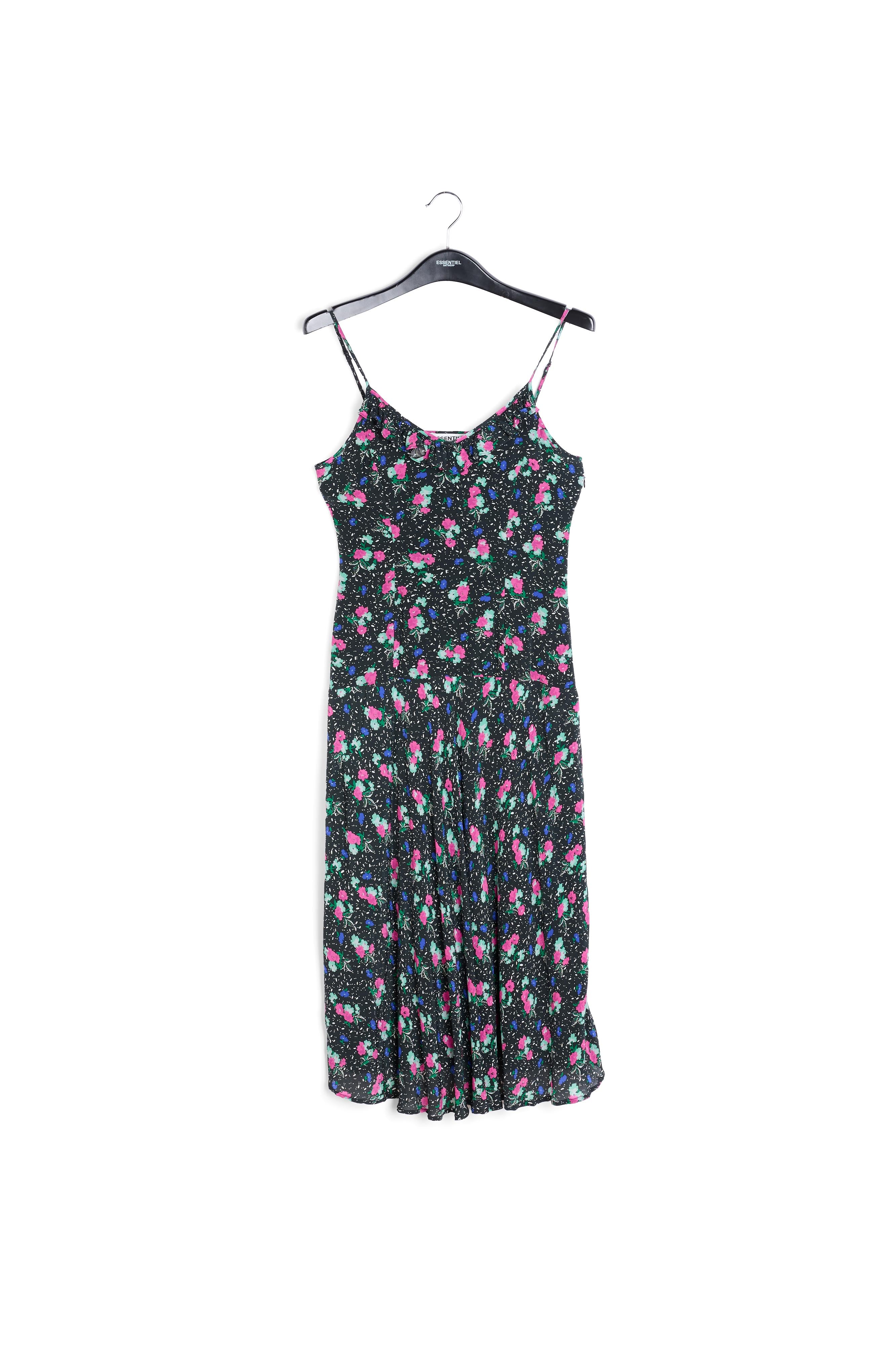 Zwarte midi-jurk met bloemen en v-hals RE—SSENTIEL | Essentiel second hand