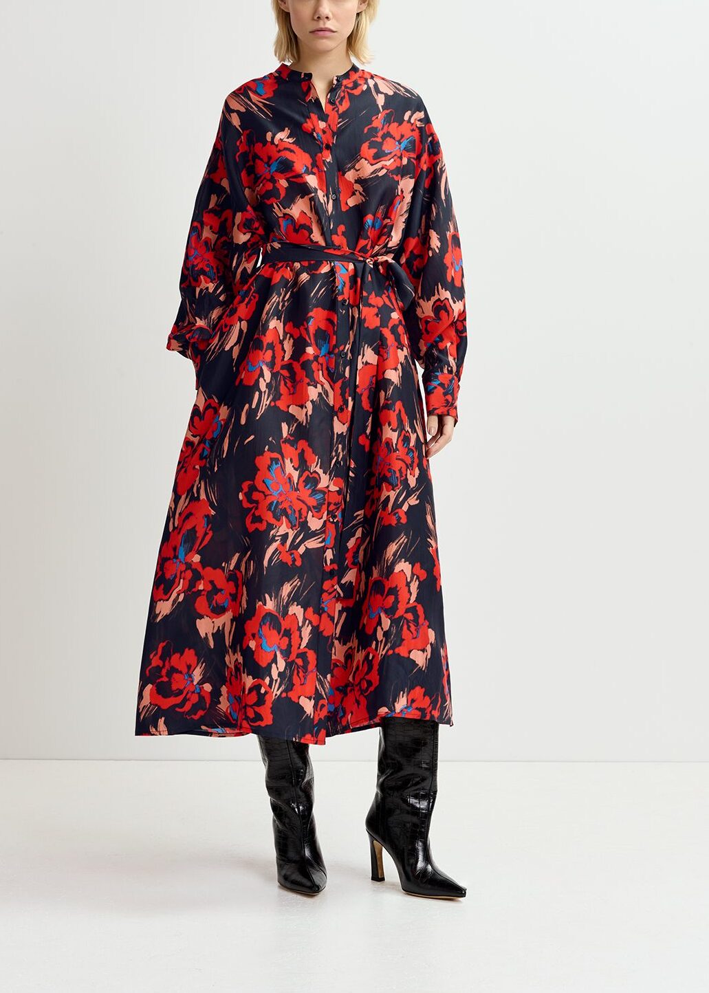 Black maxi-length silk dress with floral print RE—SSENTIEL | Essentiel second hand