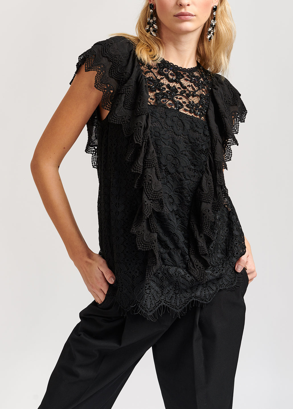 Black ruffled lace top with sequins RE—SSENTIEL | Essentiel second hand