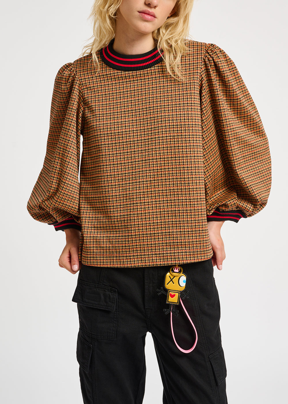 Off-white and orange houndstooth motif puffed-sleeves top RE—SSENTIEL | Essentiel second hand