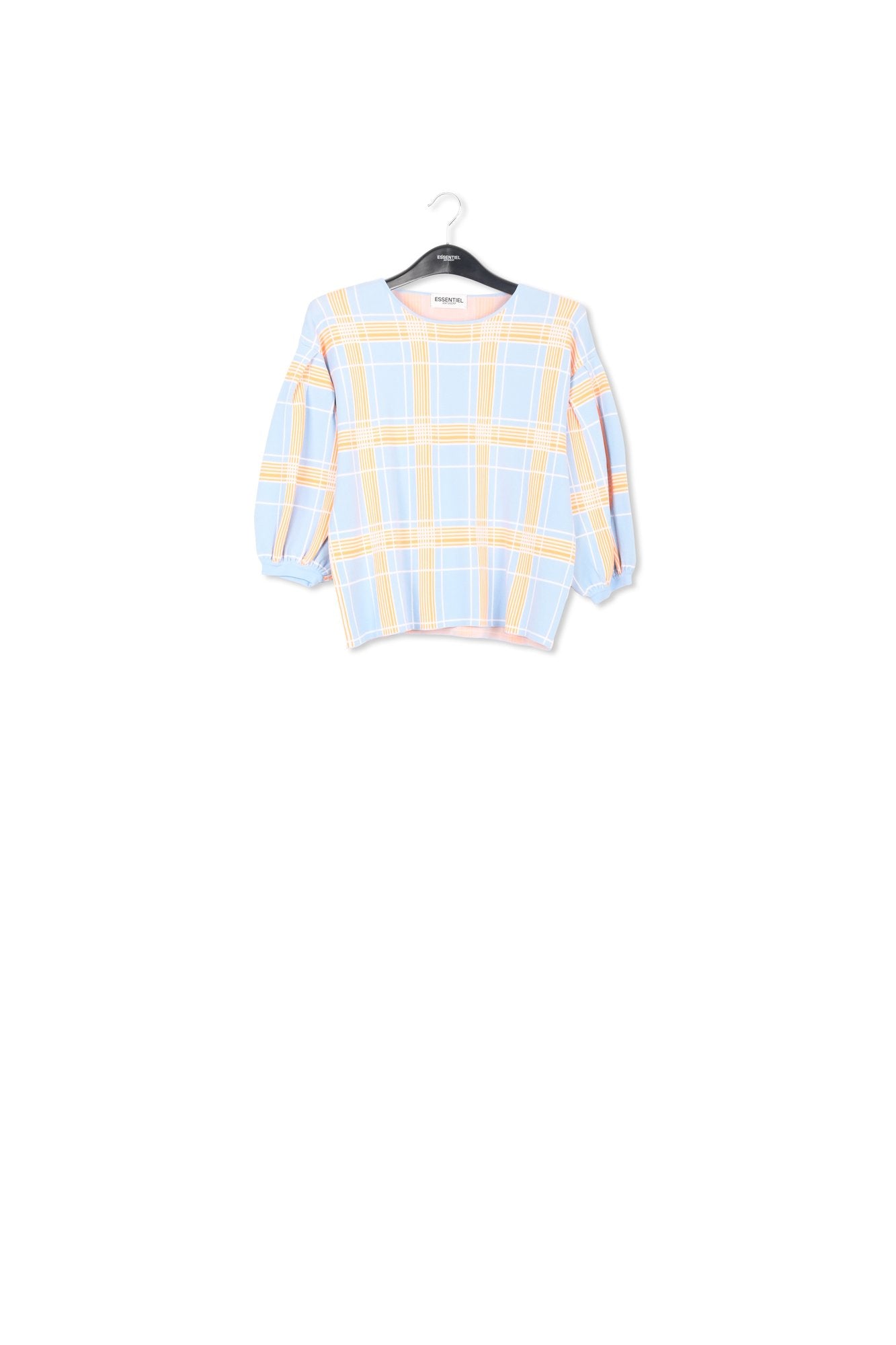 Light blue puffed sleeve knitted top with check motif RE—SSENTIEL | Essentiel second hand