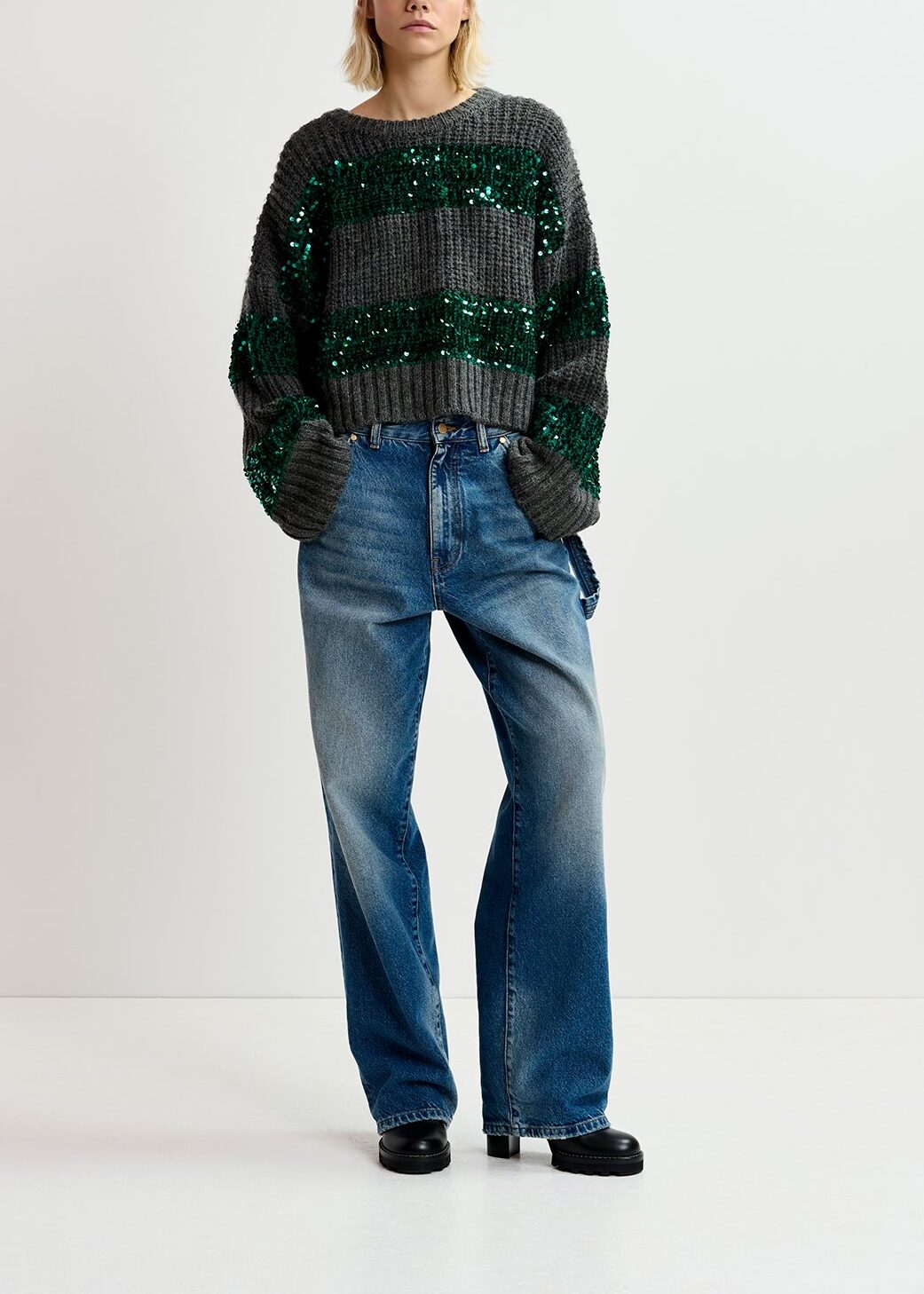 Dark grey and dark green knit sweater with sequin-embellished stripes RE—SSENTIEL | Essentiel second hand