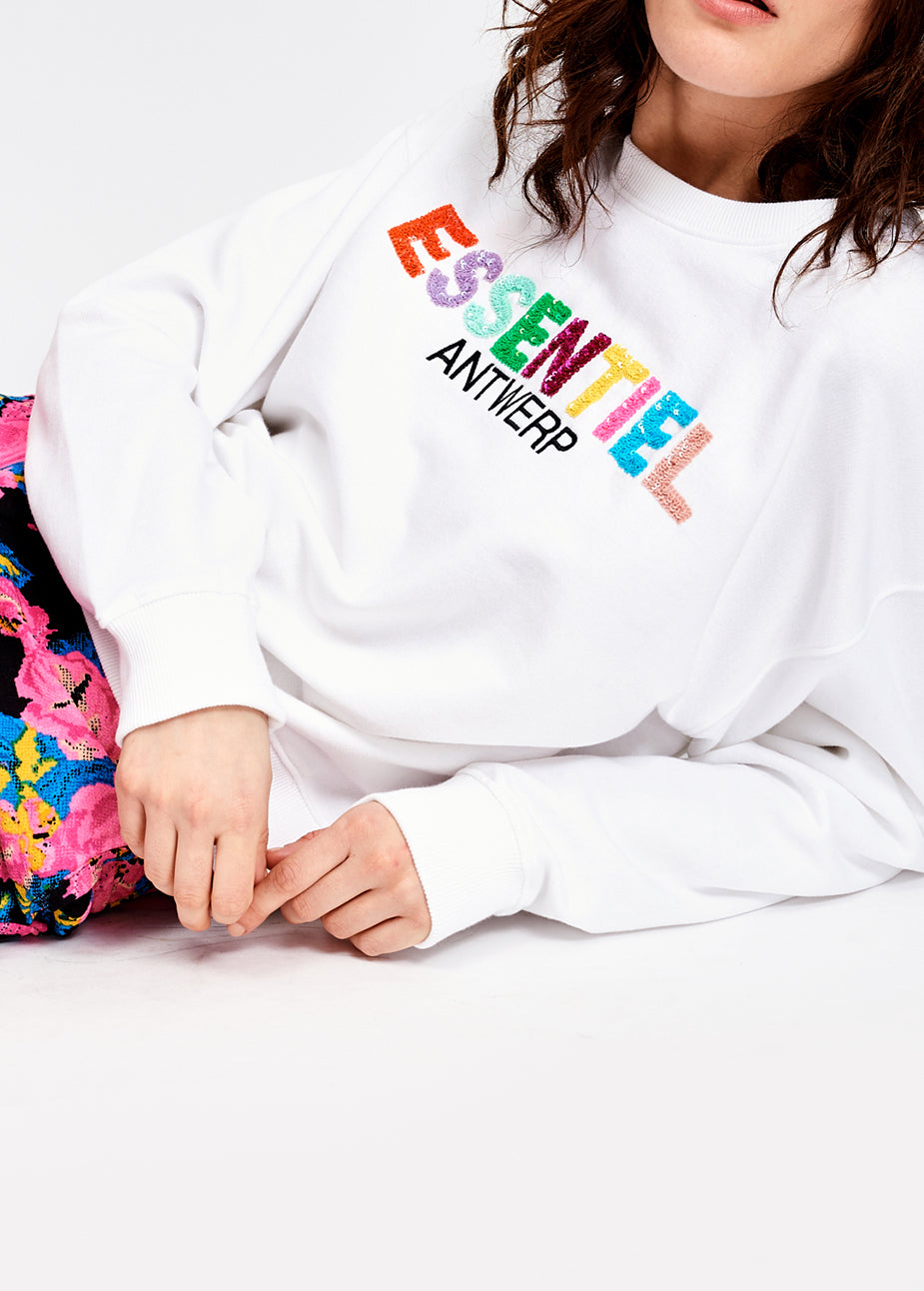 White sweatshirt with sequins and embroidery logo RE—SSENTIEL | Essentiel second hand