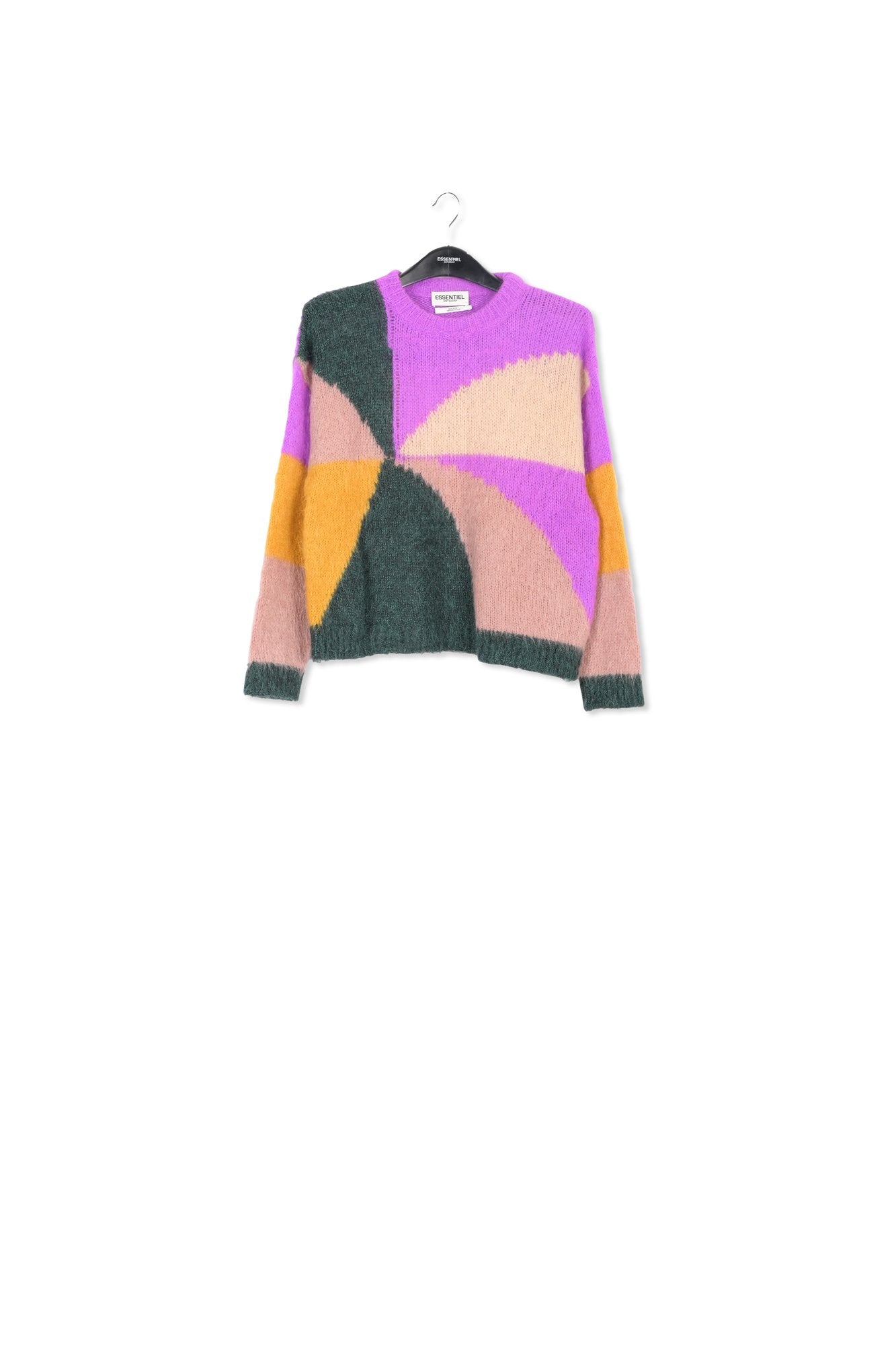 Pull en tricot intarsia pourpre, vert foncé et rose vintage RE—SSENTIEL | Essentiel second hand