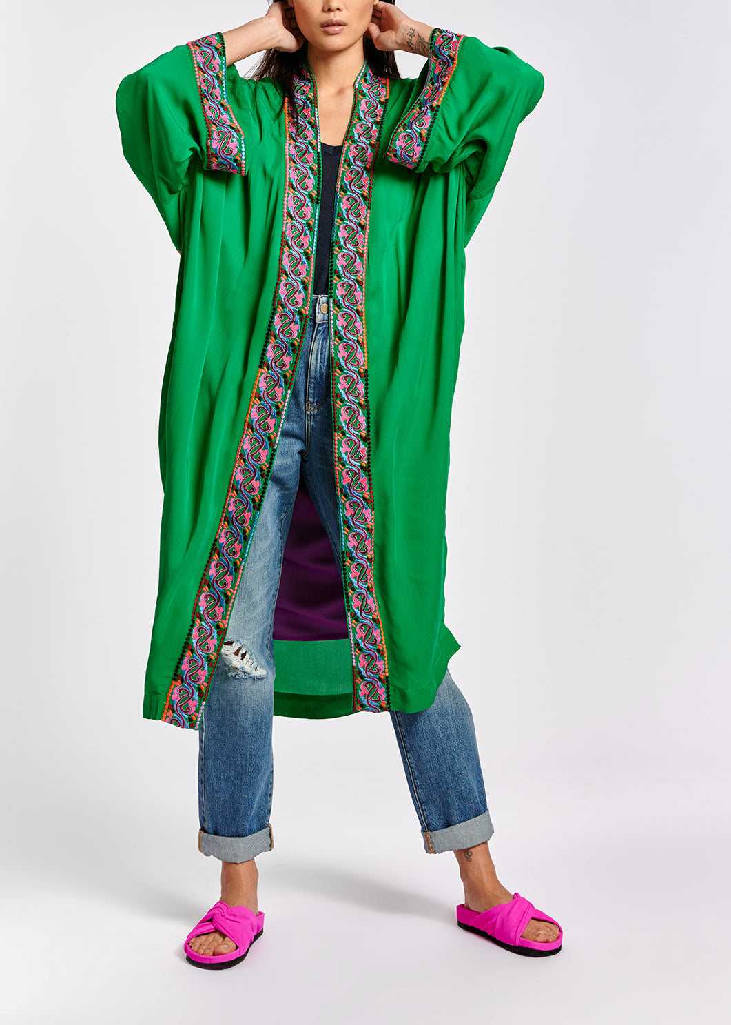 Green kimono with colorful embroideries RE—SSENTIEL | Essentiel second hand