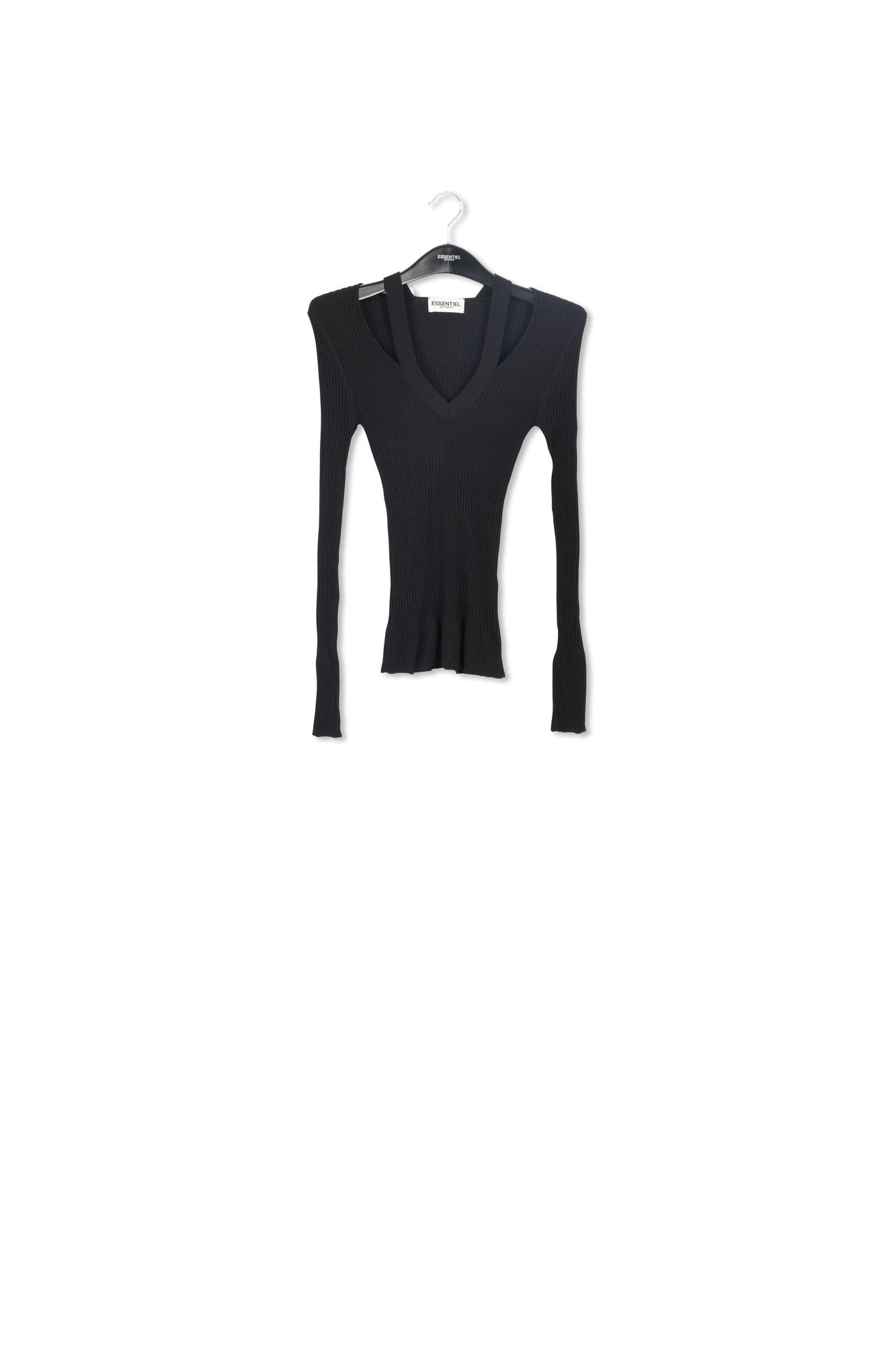 Black fine-knit V-neck sweater with cutouts RE—SSENTIEL | Essentiel second hand
