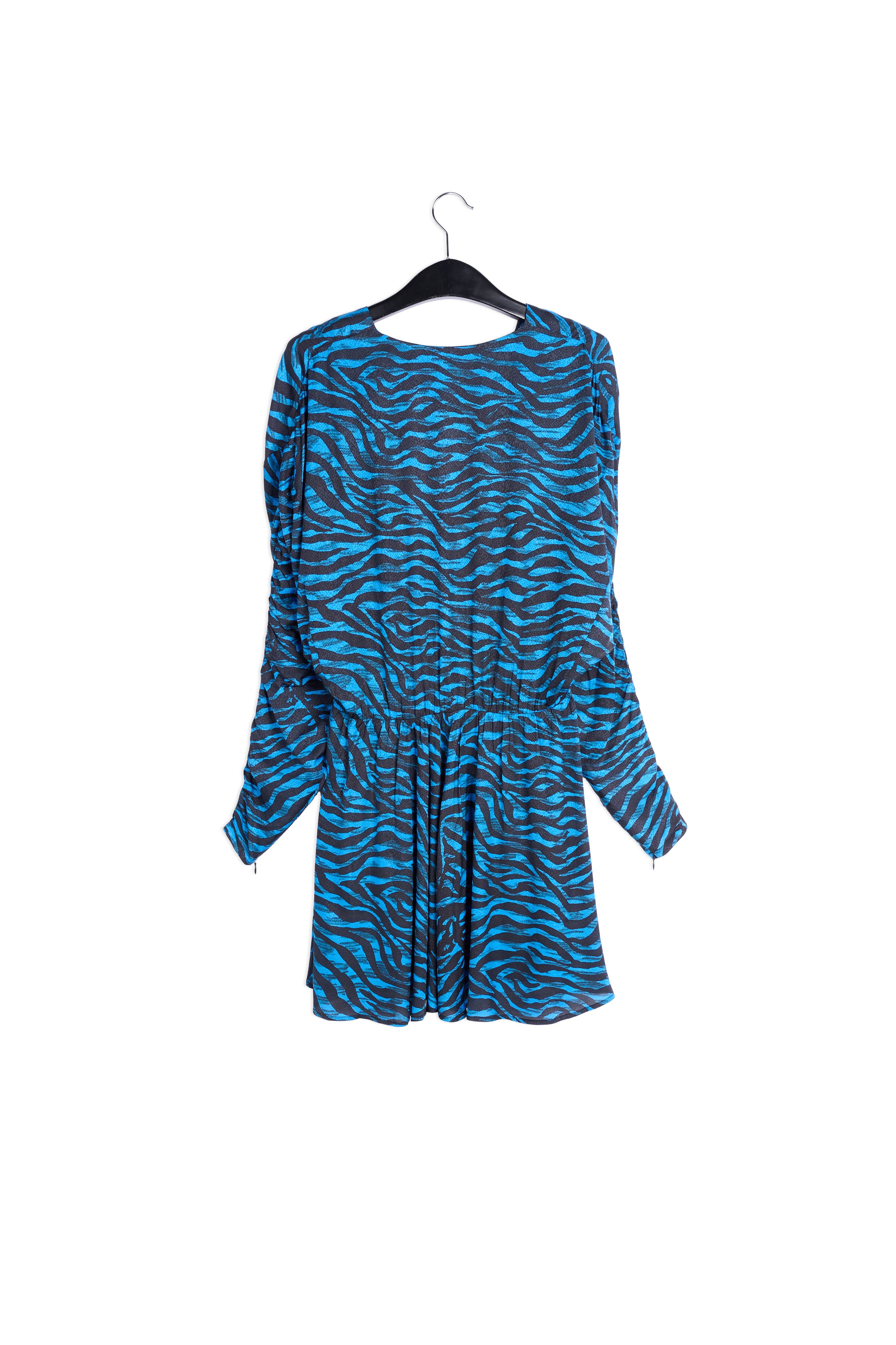 Volumineuze mini-jurk met blauwe en groene zebraprint RE—SSENTIEL | Essentiel second hand