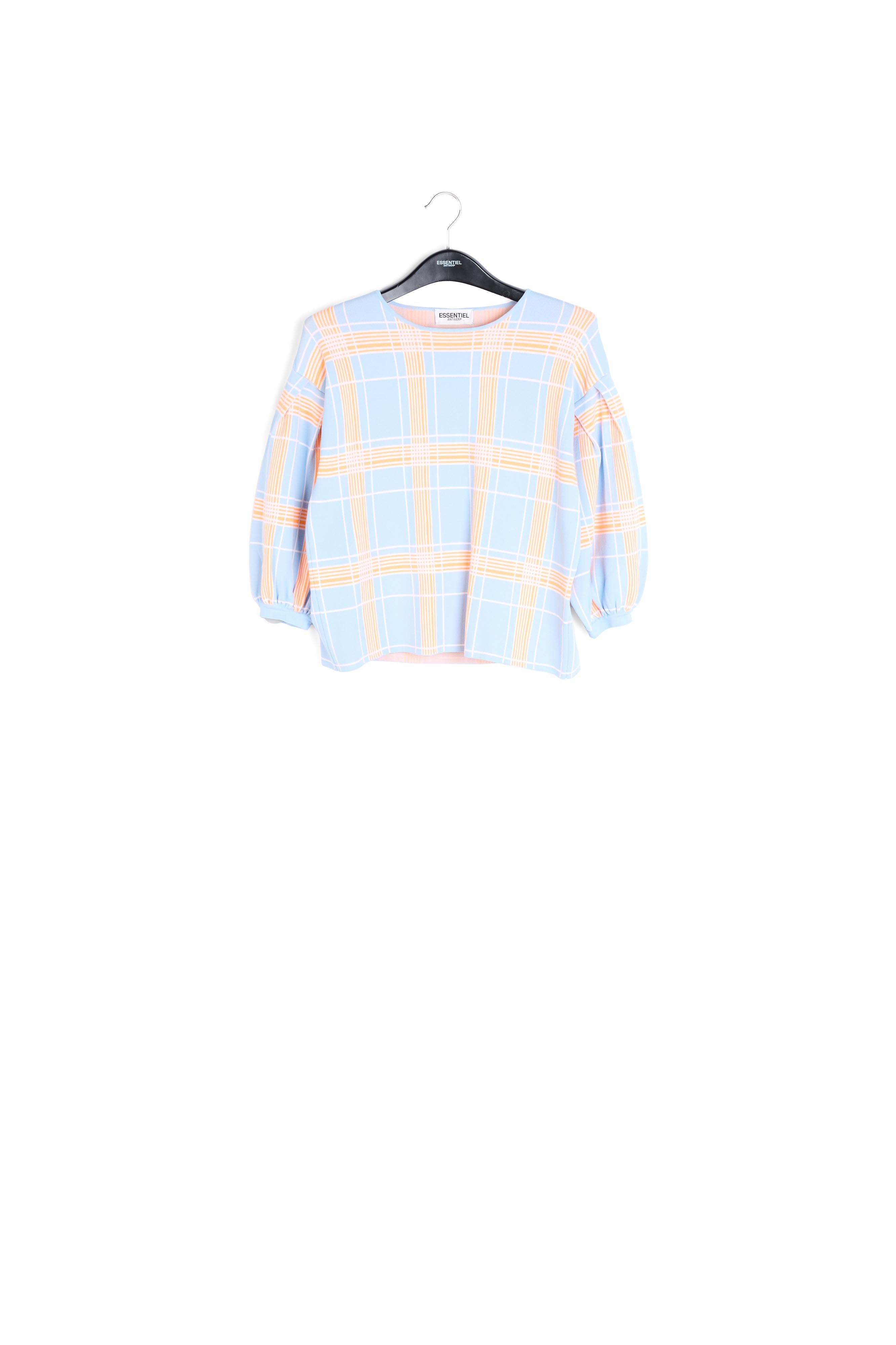 Light blue puffed sleeve knitted top with check motif RE—SSENTIEL | Essentiel second hand