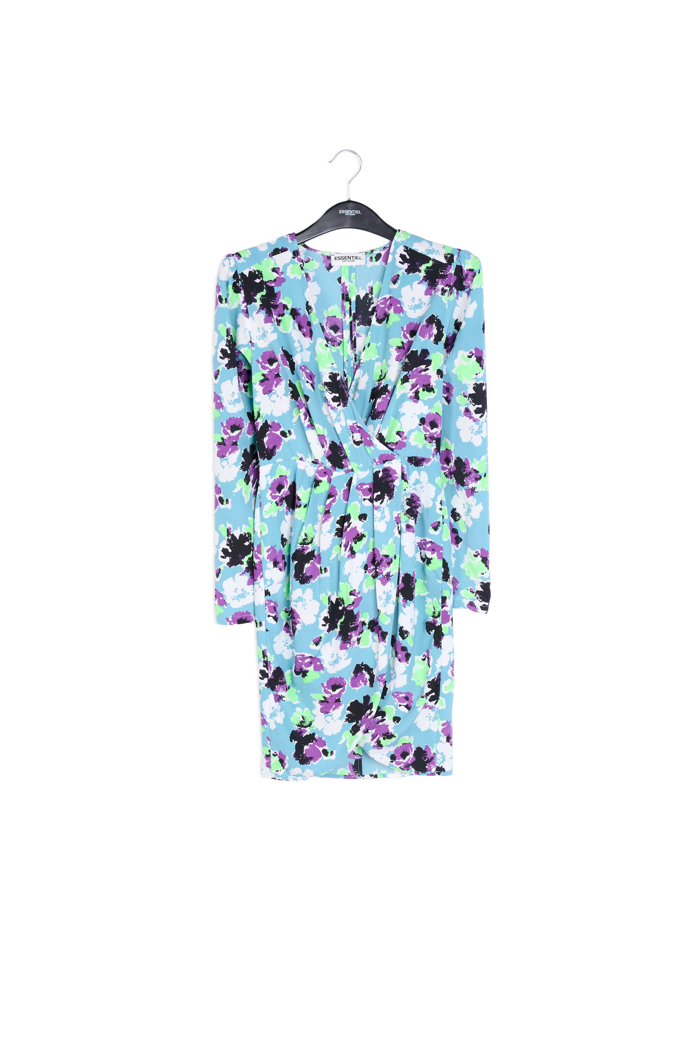 Lichtblauwe mini-wikkeljurk met bloemenprint RE—SSENTIEL | Essentiel second hand