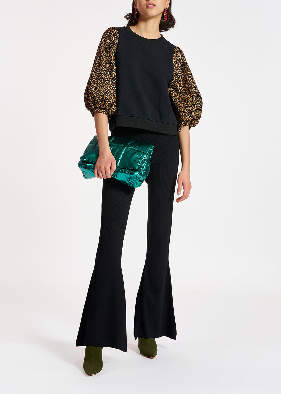 Black cotton-jersey sweatshirt with leopard-jacquard sleeves RE—SSENTIEL | Essentiel second hand