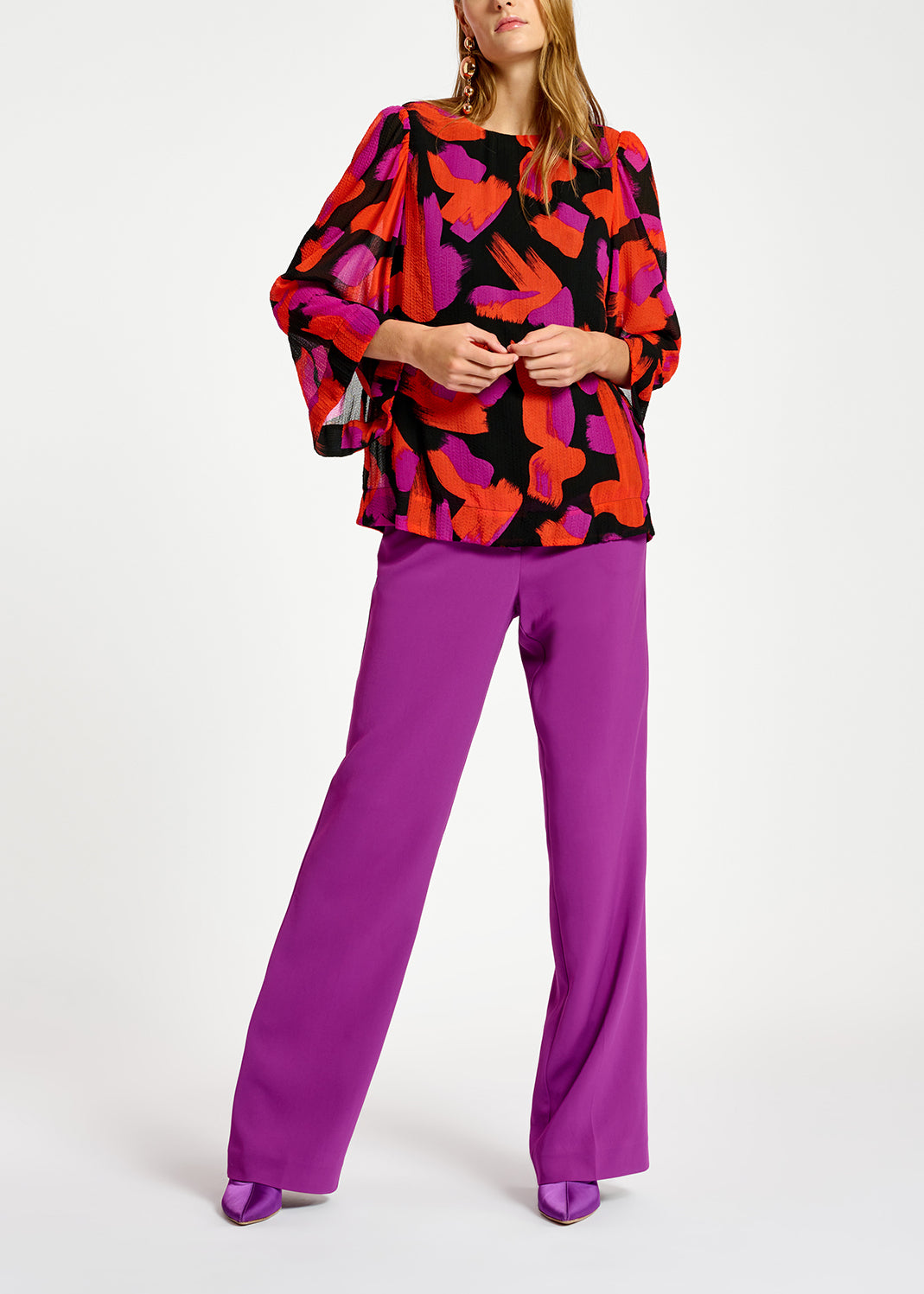 Top aux épaules bouffantes et imprimé noir, orange et pourpre RE—SSENTIEL | Essentiel second hand